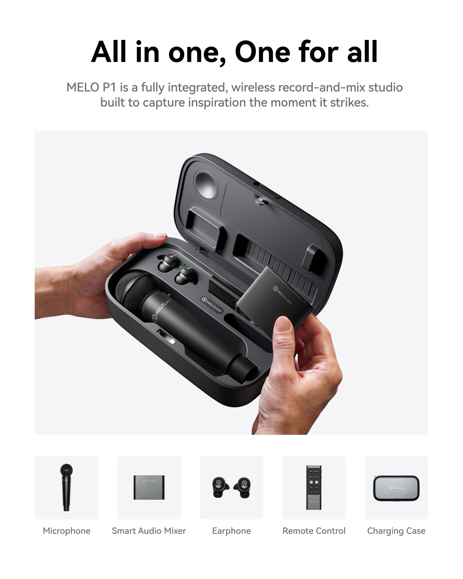 All in one, One for all

MELO P1 is a fully integrated, wireless record-and-mix studio built to capture inspiration the moment it strikes.

- Microphone
- Smart Audio Mixer
- Earphone
- Remote Control
- Charging Case