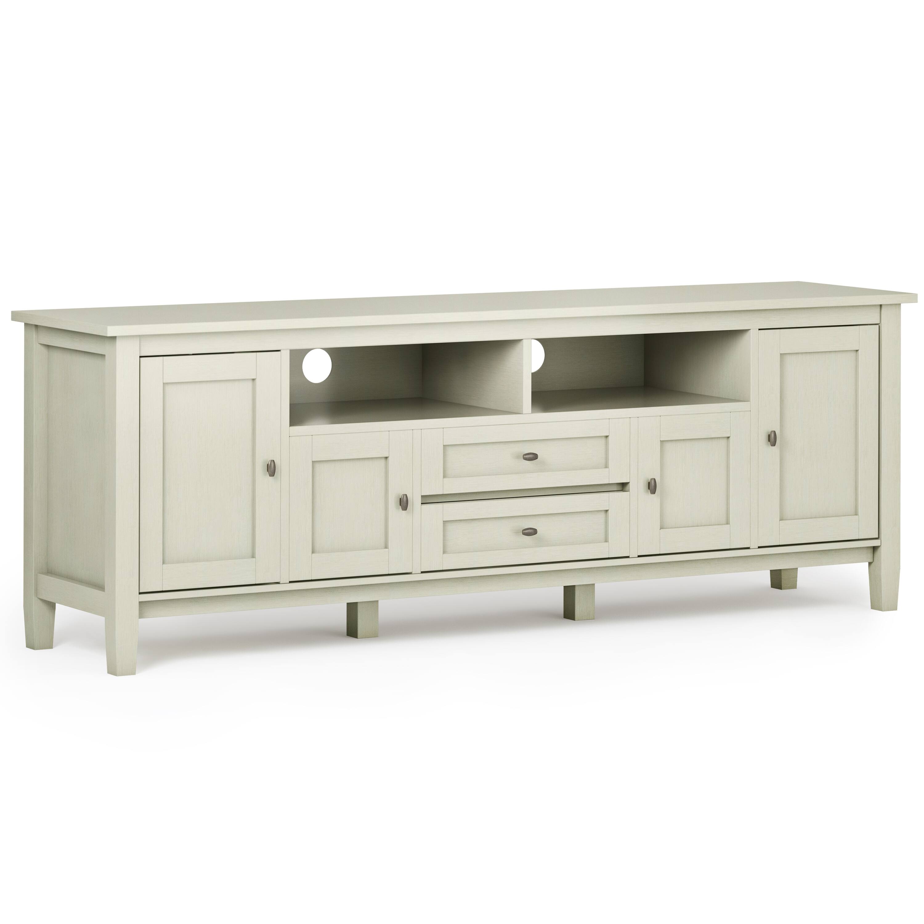 Front. Simpli Home - Warm Shaker SOLID WOOD 72 inch Wide Rustic TV Media Stand in Antique White For TVs up to 80 inches - Antique White.