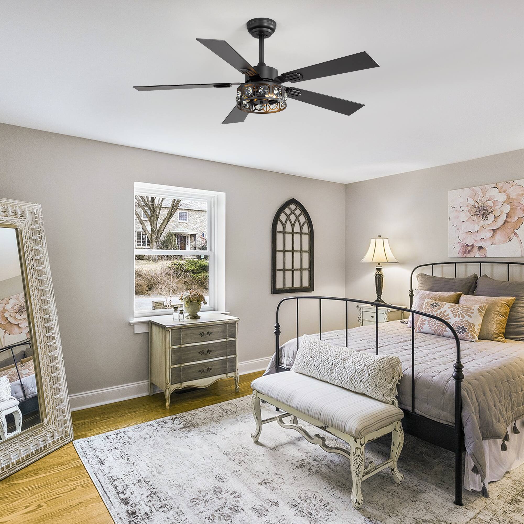 Alt View 1. Breezary - 48" Ceiling Fan with 5 Plywood Dual Finish Blades, 6 Speeds, DC Motor, 4''&8'' Downrods, Remote Control & Timer - Matte Black and Dark Wood Grain.