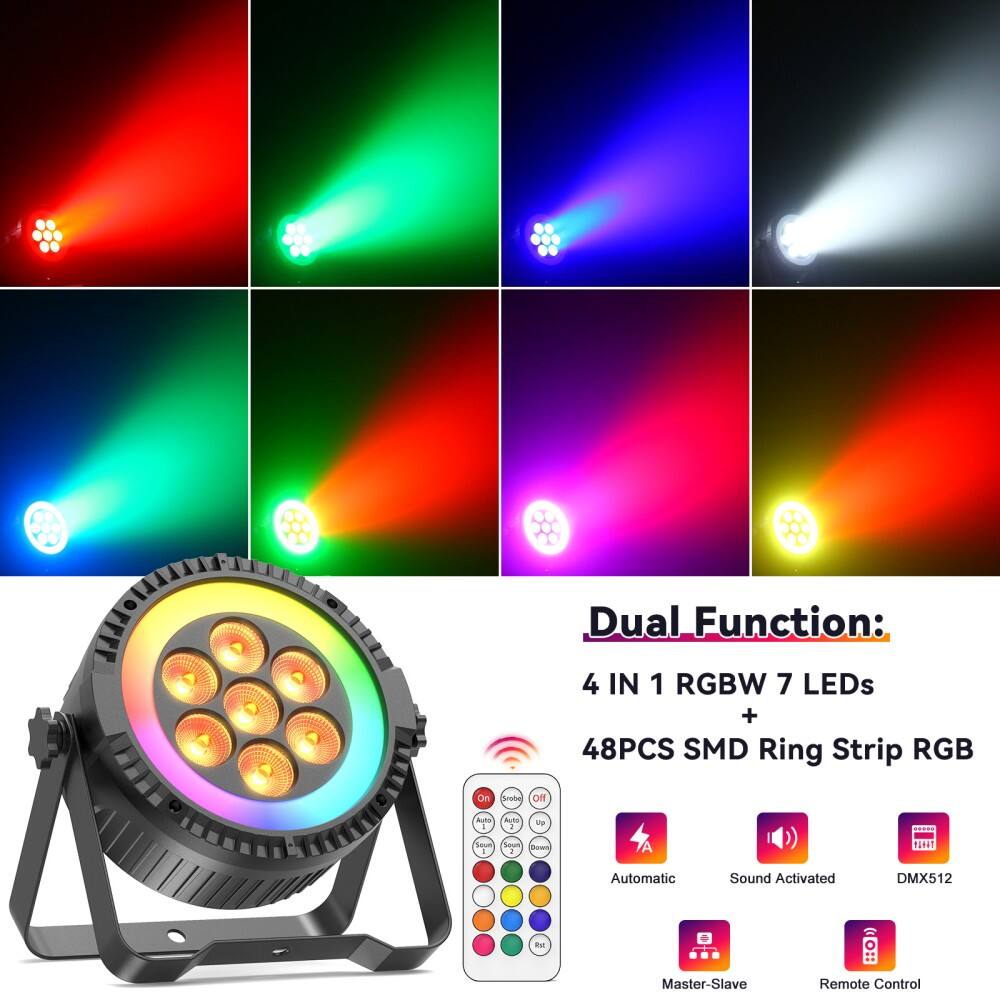 Dual Function:  
4 IN 1 RGBW 7 LEDs + 48PCS SMD Ring Strip RGB  
Automatic Sound Activated DMX512  
Master-Slave Remote Control