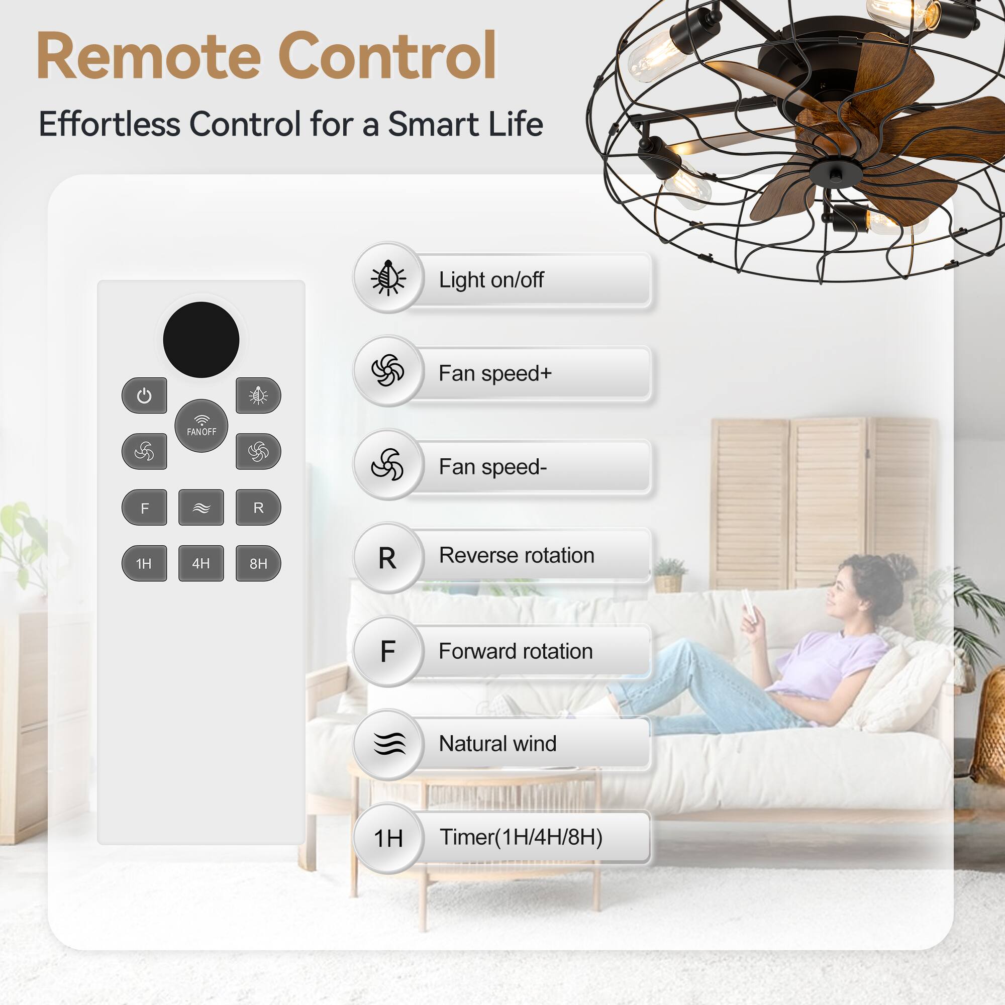 Remote Control  
Effortless Control for a Smart Life  

- Light on/off  
- Fan speed+  
- Fan speed-  
- F  
- R  
- 1H  
- 4H  
- 8H  
- R Reverse rotation  
- F Forward rotation  
- Natural wind  
- 1H Timer (1H/4H/8H)