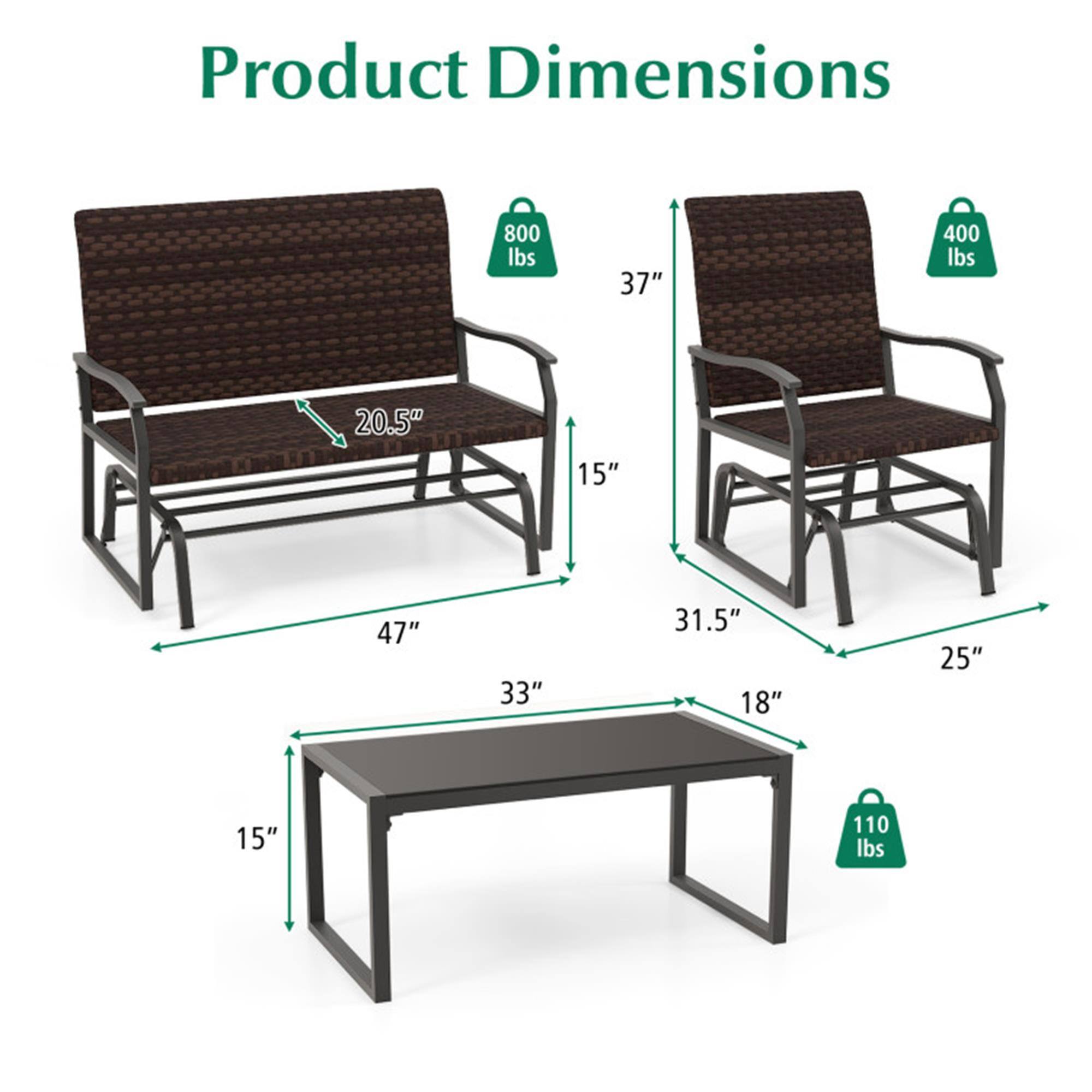 Product Dimensions  
- Bench: 800 lbs, 37" (height), 20.5" (depth), 47" (length), 15" (seat height)  
- Chair: 400 lbs, 31.5" (height), 25" (width), 18" (depth)  
- Table: 110 lbs, 33" (length), 15" (width)