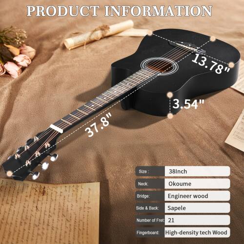 PRODUCT INFORMATION

Size: 38 Inch  
Neck: Okoume  
Bridge: Engineer wood  
Side & Back: Sapele  
Number of Fret: 21  
Fingerboard: High-density tech Wood
