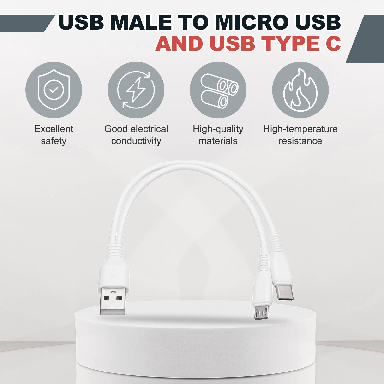 USB MALE TO MICRO USB AND USB TYPE C

Excellent safety
Good electrical conductivity
High-quality materials
High-temperature resistance