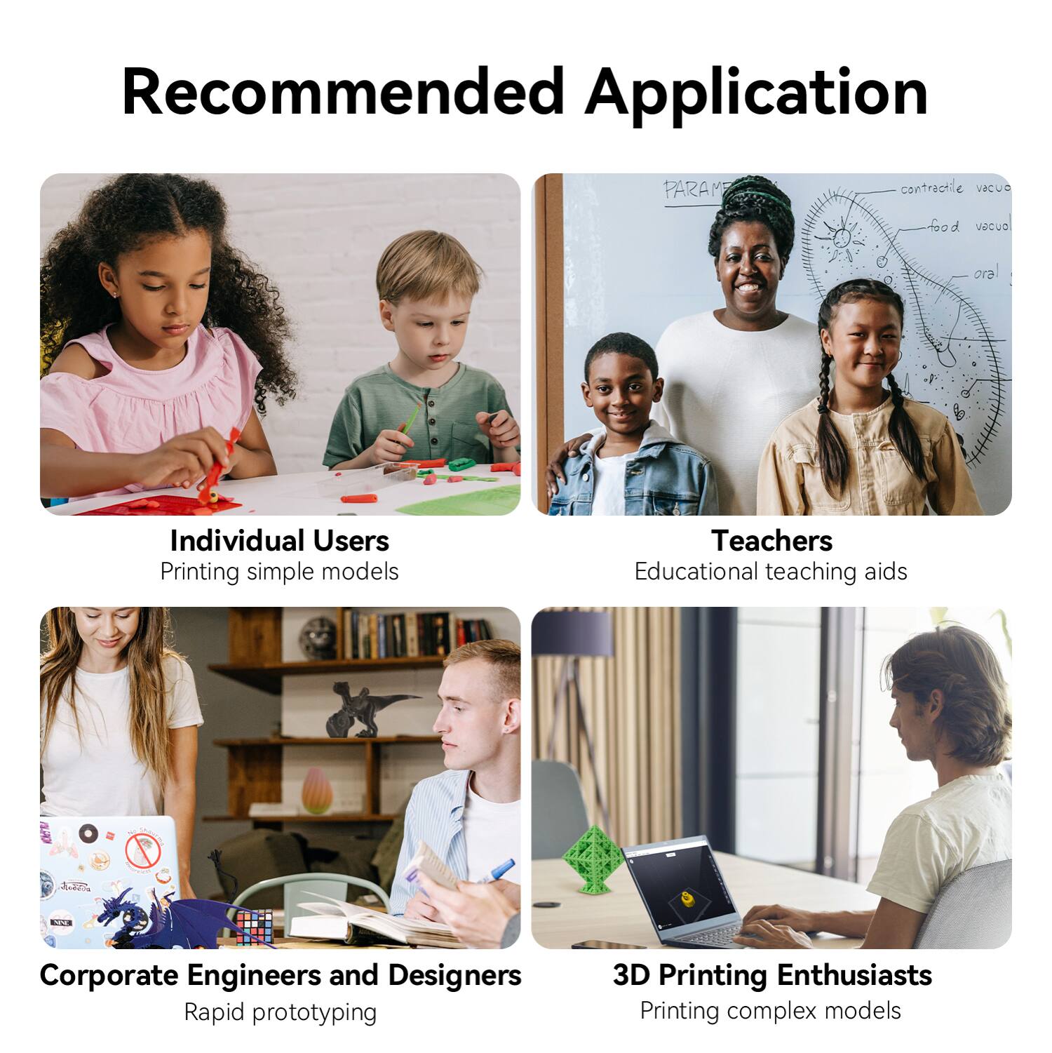 Recommended Application

- Individual Users
  - Printing simple models

- Teachers
  - Educational teaching aids

- Corporate Engineers and Designers
  - Rapid prototyping

- 3D Printing Enthusiasts
  - Printing complex models