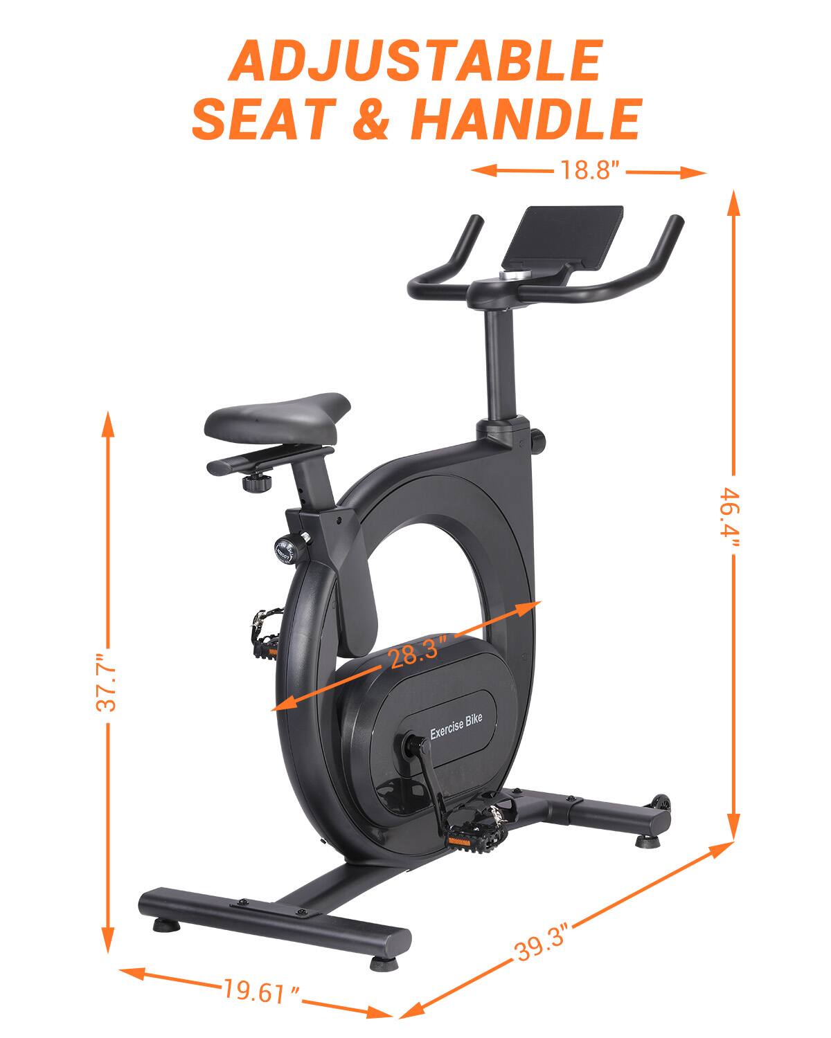 ADJUSTABLE SEAT & HANDLE

- 18.8"
- 46.4"
- 37.7"
- 28.3"
- Exercise 19.61" 39.3"
