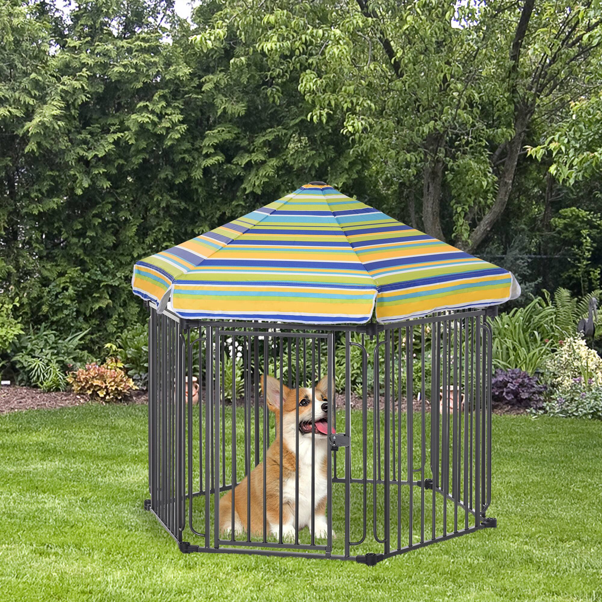 Angle. Pawhut - 48" x 41" Heavy-Duty Metal Dog Playpen, Outdoor Pet Cage Kennel, Exercise Fence, Weather-Resistant Roof, Locking Door.
