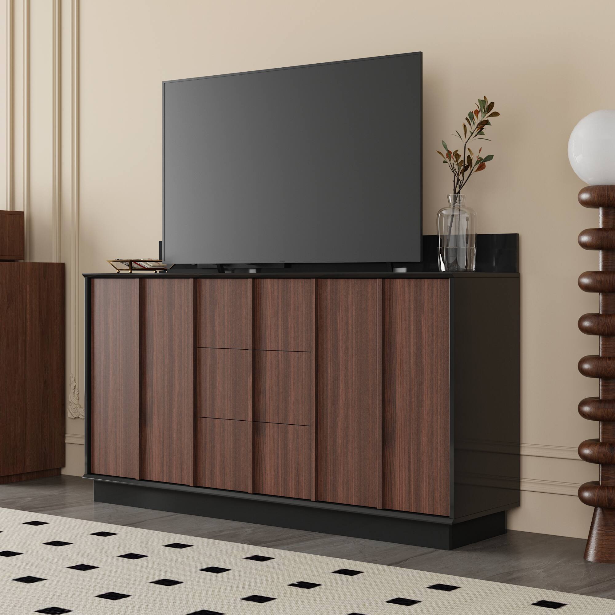 Back. Famapy - TV Stand with Power Outlets and Cable Management, 65" Entertainment Center with Storage Drawers and Walnut Finish - Brown.