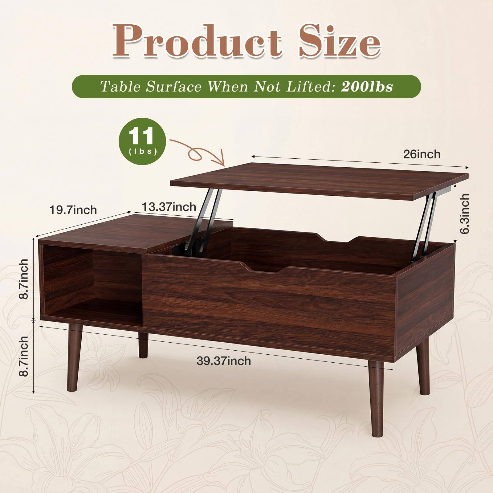 Product Size  
Table Surface When Not Lifted: 200lbs  
11 lbs  
26 inch  
8.7 inch  
8.7 inch  
19.7 inch  
13.37 inch  
39.37 inch  
6.3 inch