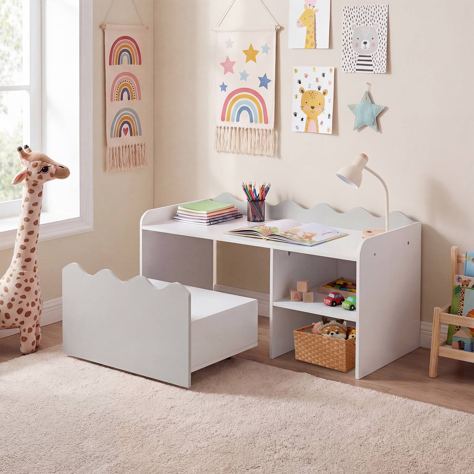 Alt View 2. Costway - Costway Kids Bookshelf & Toy Storage Organizer,Wooden Toddler Book Rack with Movable Drawer - Gray + White.