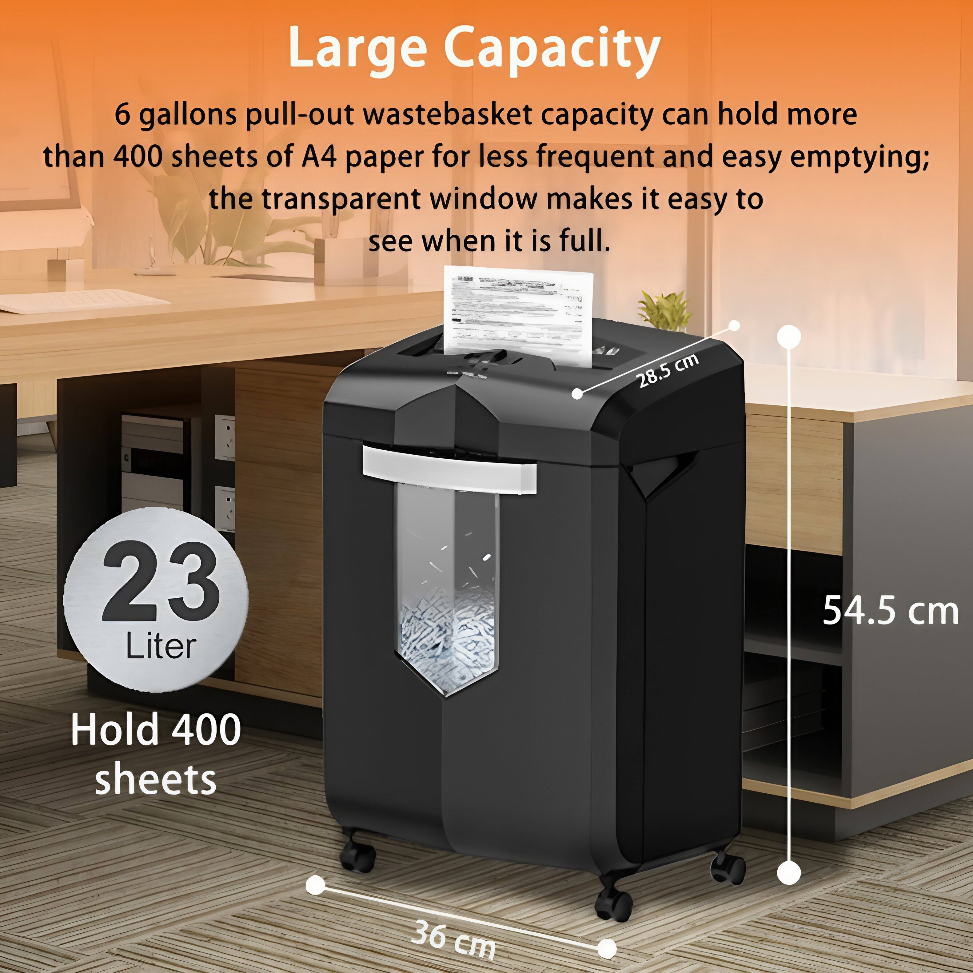 Large Capacity

6 gallons pull-out wastebasket capacity can hold more than 400 sheets of A4 paper for less frequent and easy emptying; the transparent window makes it easy to see when it is full.

23 Liter

Hold 400 sheets

28.5 cm

54.5 cm

36 cm