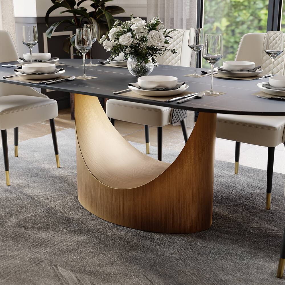 Alt View 2. POVISON - 94"Hobart Modern Oval Dining Table for 8-10, Black Oval Matte Sintered Stone Kitchen Table, Bronze Carbon Steel Base - Black.
