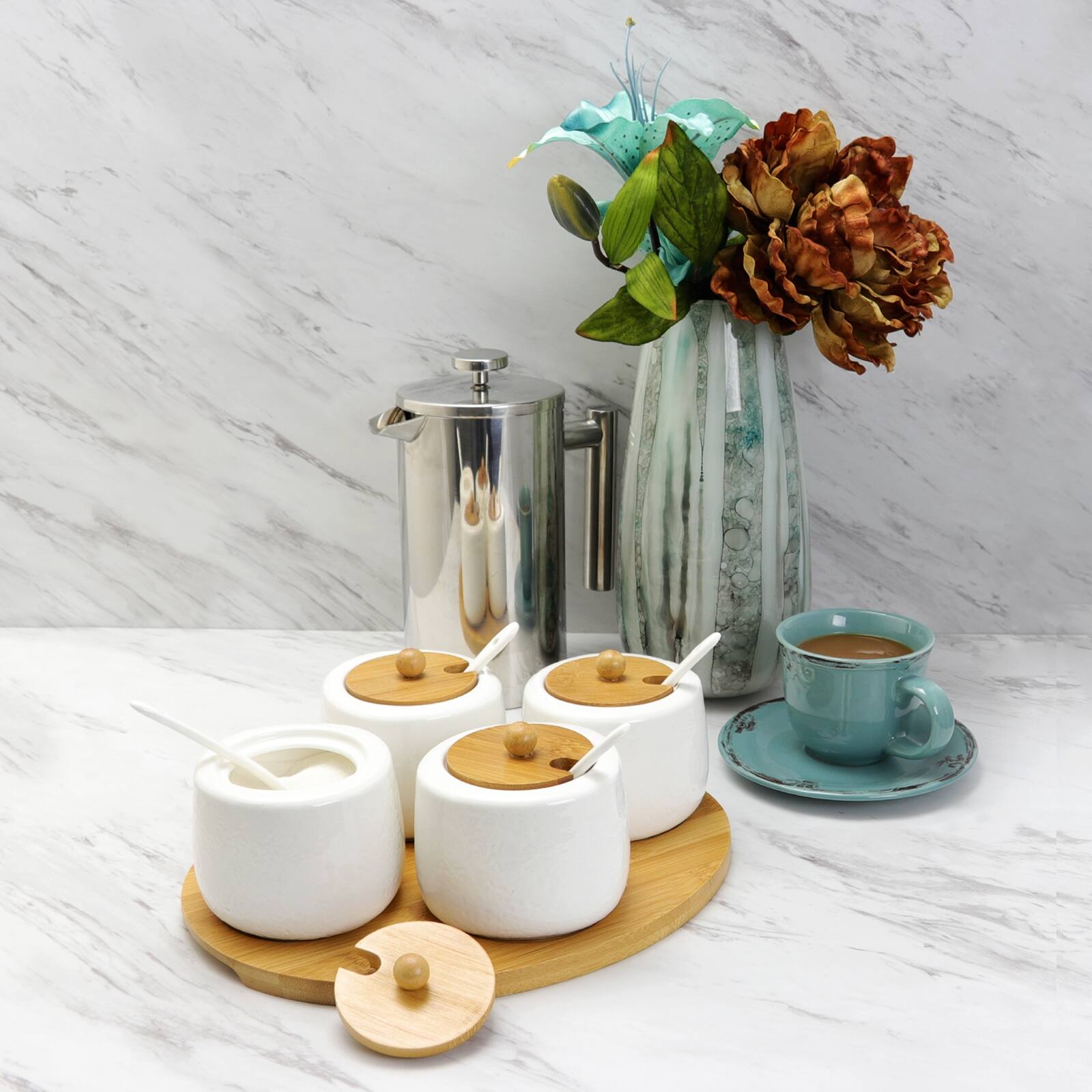 Left. Elama - Elama Ceramic Spice, Jam and Salsa Jars with Bamboo Lids & Serving Spoons - Brown.