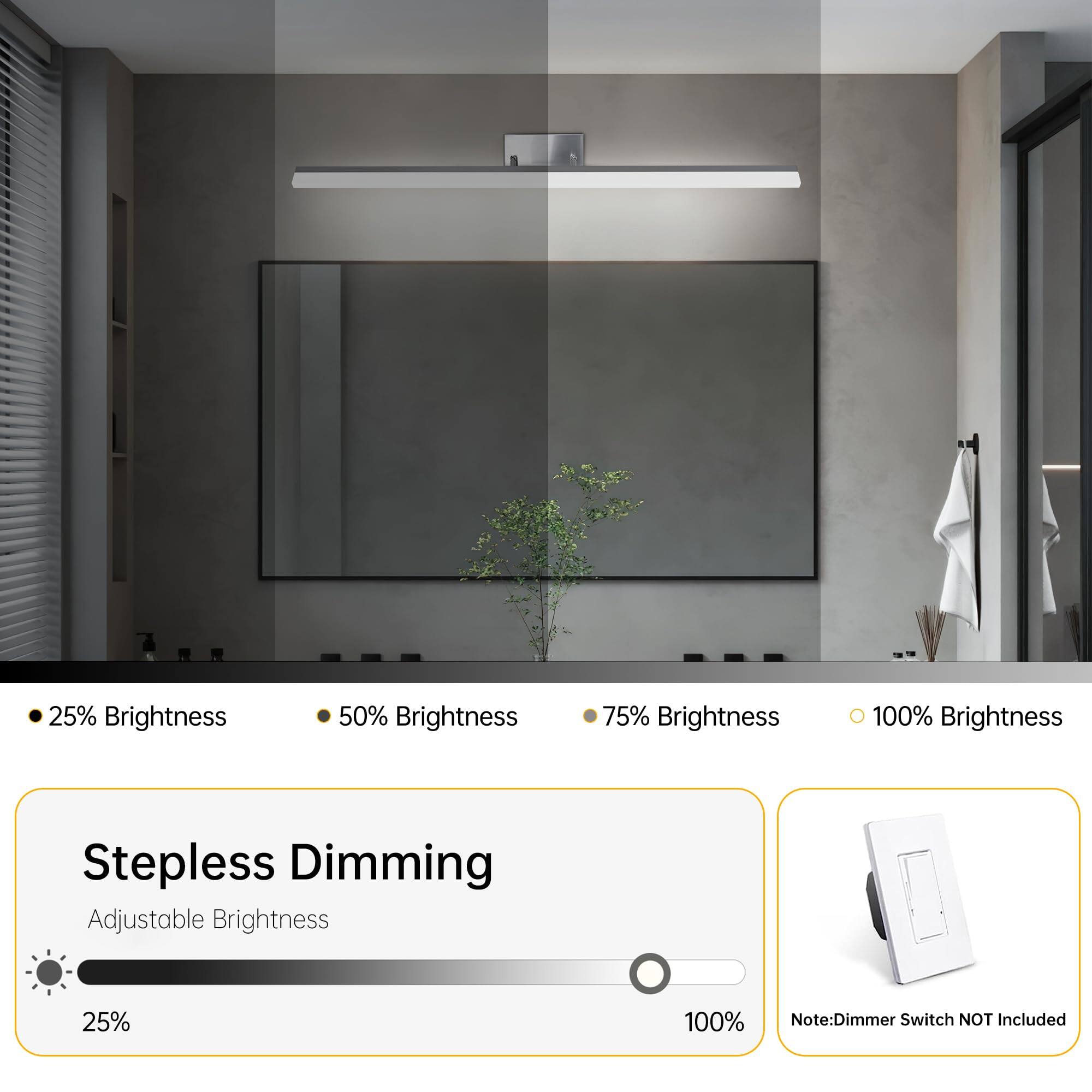 - 25% Brightness
- 50% Brightness
- 75% Brightness
- 100% Brightness

Stepless Dimming  
Adjustable Brightness

Note: Dimmer Switch NOT Included