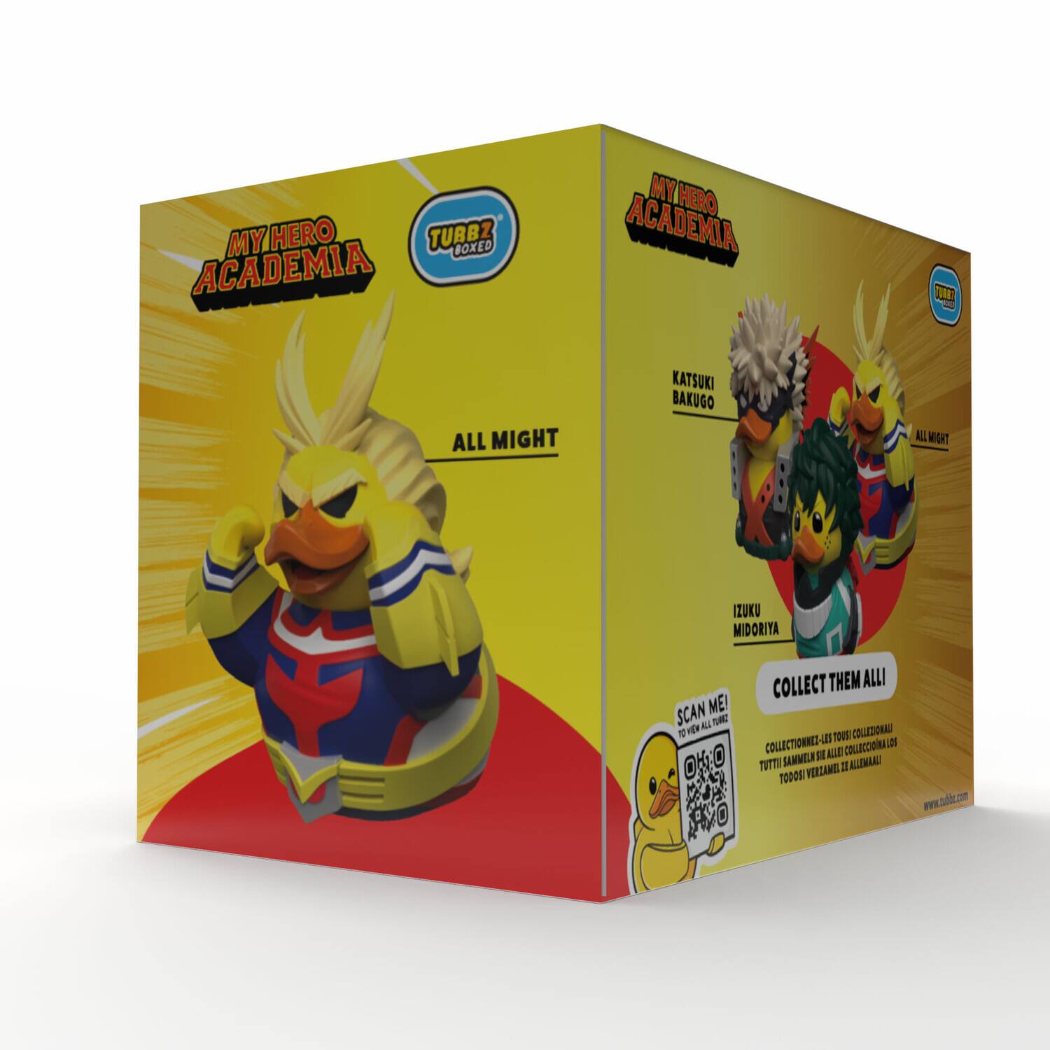 MY HERO ACADEMIA  
TURBZ BOXED  

ALL MIGHT  

KATSUKI BAKUGO  
IZUKU MIDORIYA  

COLLECT THEM ALL!  

SCAN ME!  
TO VIEW ALL TURBZ  

COLLECTIONS:  
- ENGLISH: COLLECT THEM ALL!  
- SPANISH: COLECCIONA TODOS!  
- FRENCH: COLLECTEZ-LES TOUS!  
- ITALIAN: COLLEZIONA TUTTI!  
- GERMAN: ALLE TURBZ SAMLER!  
- PORTUGUESE: COLEÇÃO TODOS!  
- DUTCH: ALLE TURBZ VERZAMELEN!  
- RUSSIAN: СОБИРАЙТЕ ВСЕХ!  
- JAPANESE: すべてのTURBZを収集しよう!  

www.turbz.com