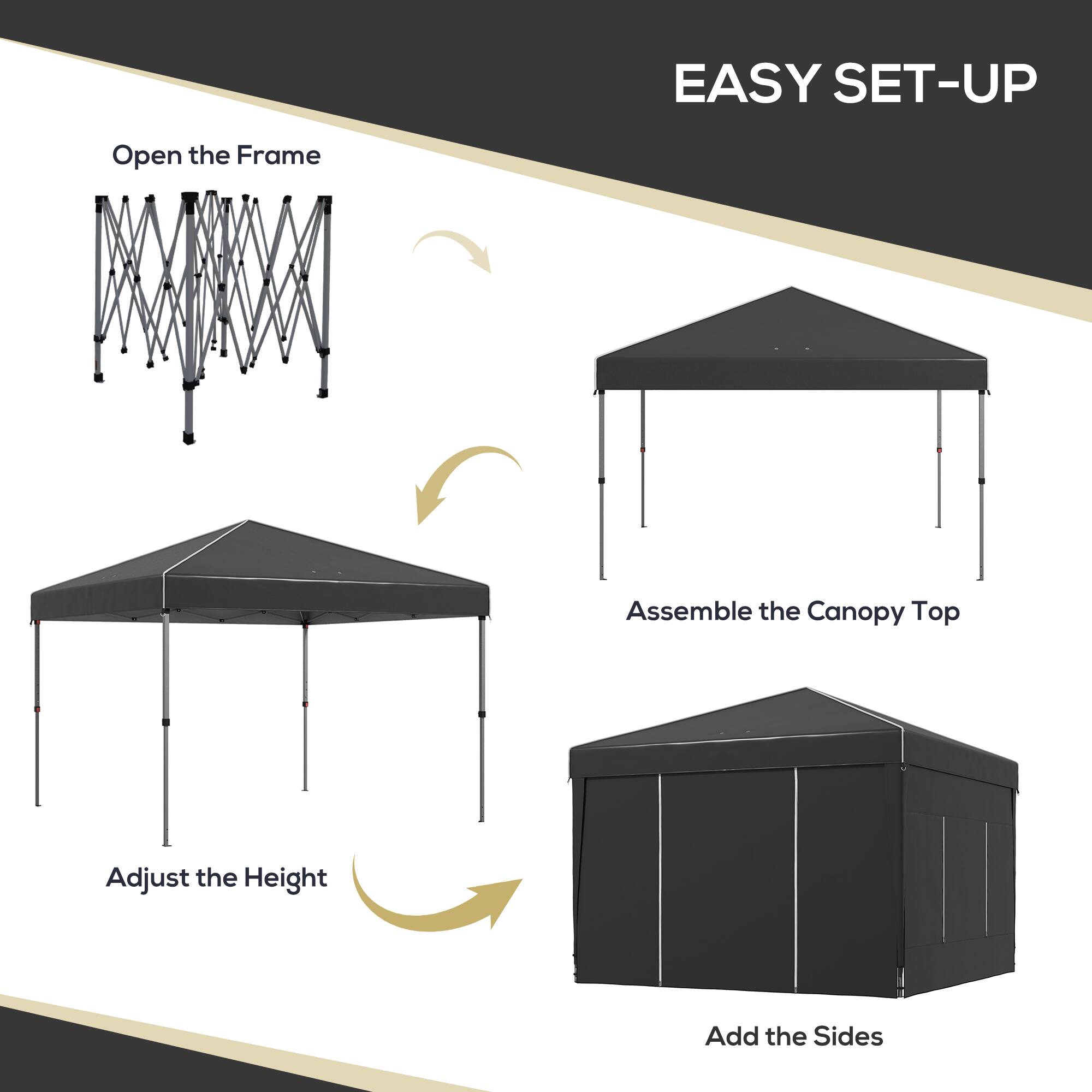 EASY SET-UP

Open the Frame

Assemble the Canopy Top

Adjust the Height

Add the Sides