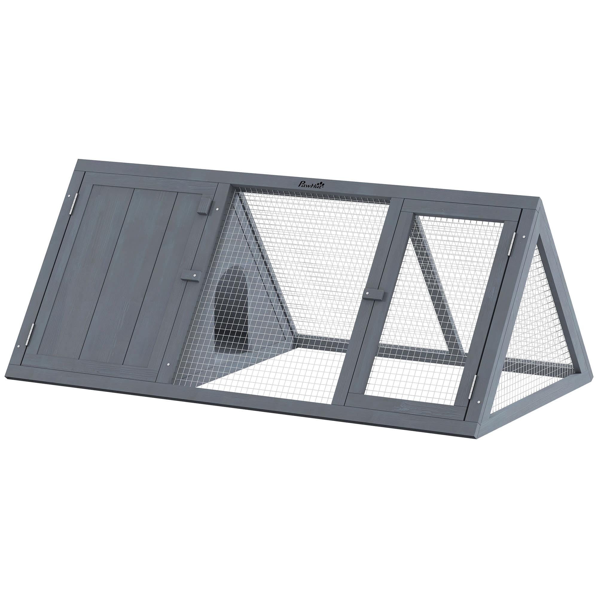 Pawhut - Hutch, Wooden Guinea Pig Hutch with Run and Doors, Outdoor Triangle Bunny House for Rabbits - Gray
