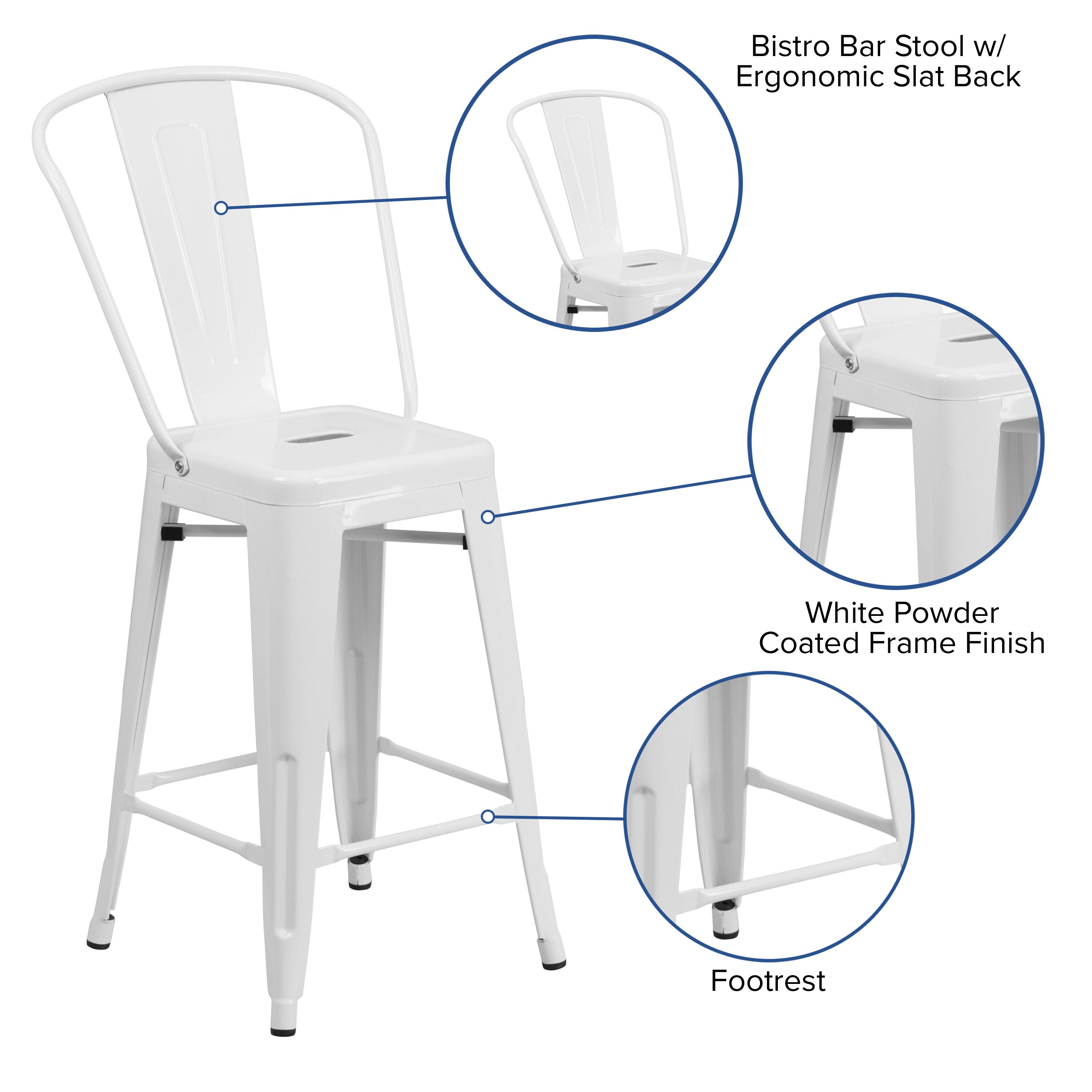 Bistro Bar Stool w/ Ergonomic Slat Back  
White Powder Coated Frame Finish  
Footrest