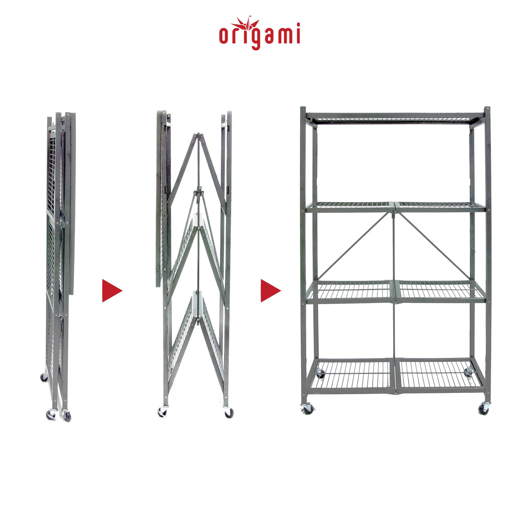 Alt View 2. Origami - Origami 4 Tier Multipurpose Folding Storage Organizing Rack with Wheels, Gray - Pewter.