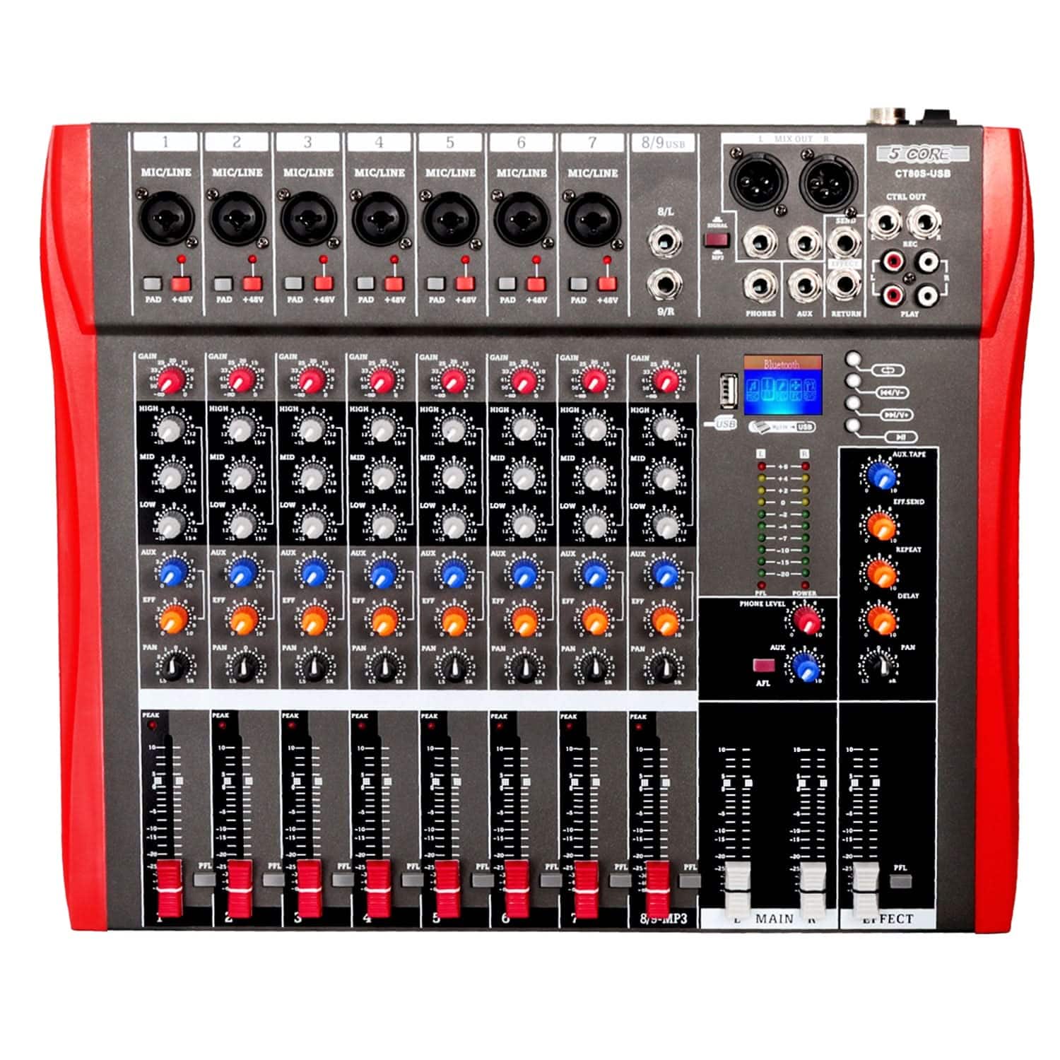5 CORE - Audio Mixer 8 Channel DJ Soundboard USB Interface Bluetooth Mixing Console w Repeat Delay +48V