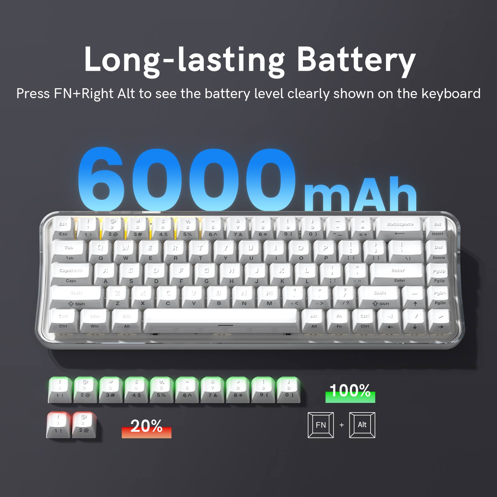 Long-lasting Battery  
Press FN+Right Alt to see the battery level clearly shown on the keyboard  
6000 mAh  

100%  
20%  

FN + Alt