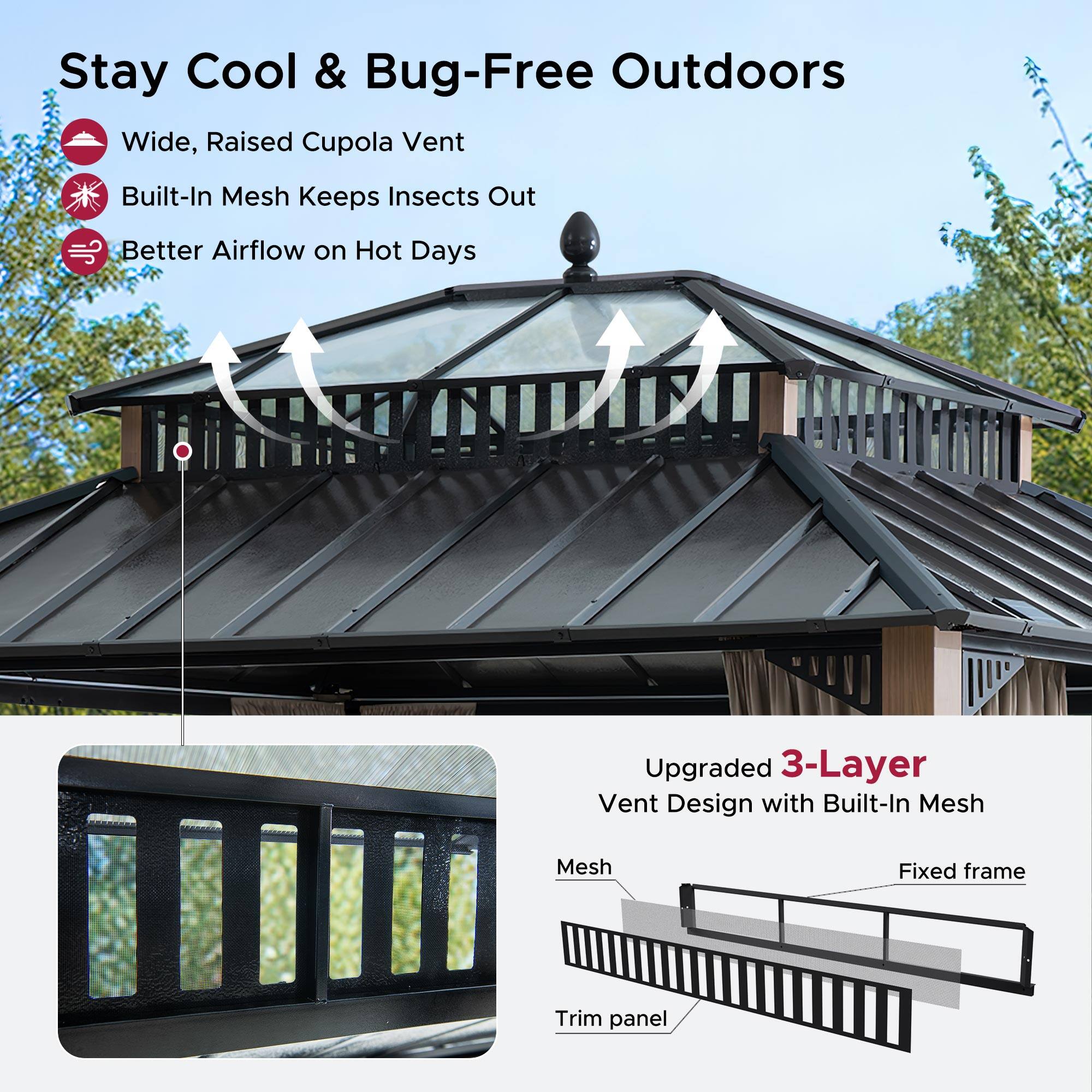 Stay Cool & Bug-Free Outdoors

- Wide, Raised Cupola Vent
- Built-In Mesh Keeps Insects Out
- Better Airflow on Hot Days

Upgraded 3-Layer Vent Design with Built-In Mesh

- Mesh
- Fixed frame
- Trim panel