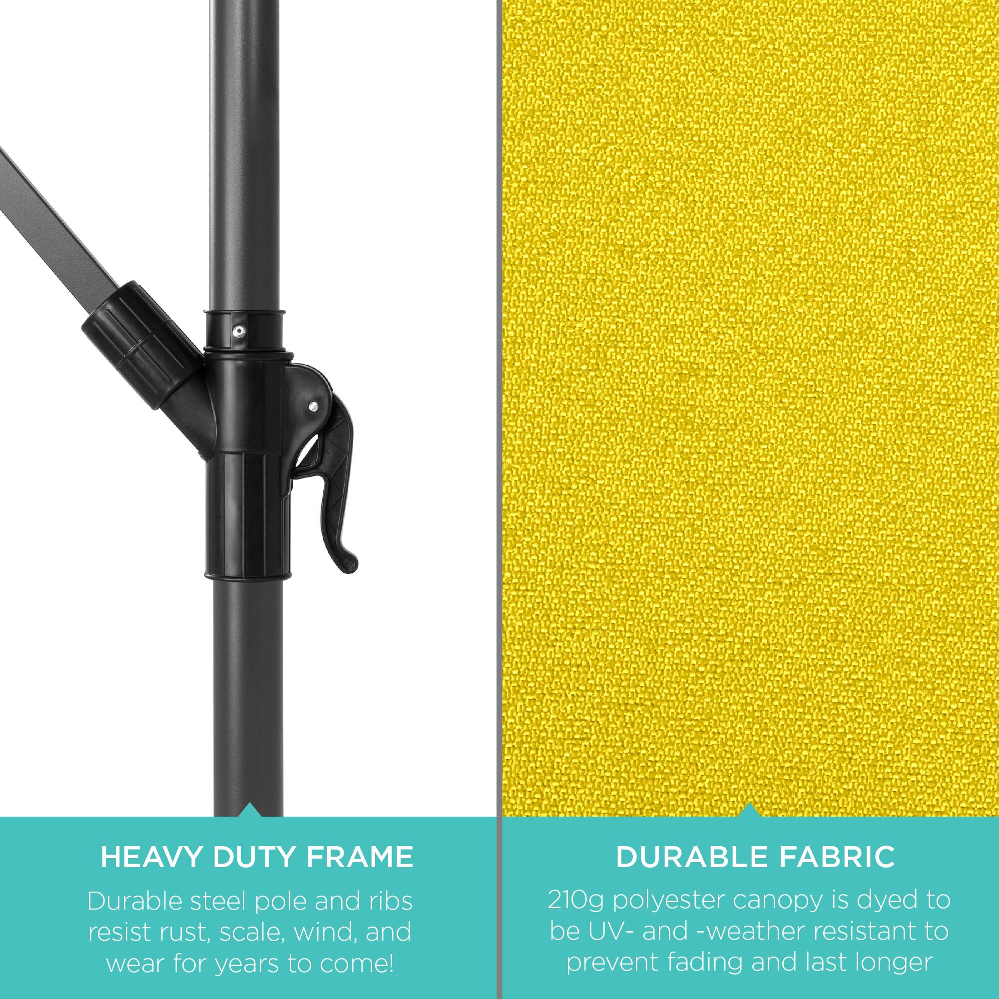 **HEAVY DUTY FRAME**  
Durable steel pole and ribs resist rust, scale, wind, and wear for years to come!

**DURABLE FABRIC**  
210g polyester canopy is dyed to be UV- and weather resistant to prevent fading and last longer
