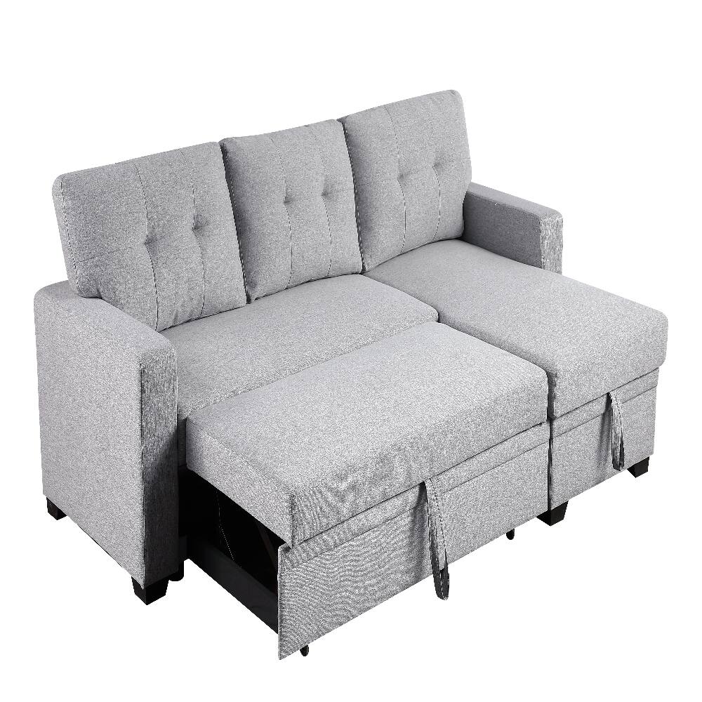 Left. Loheer - Loheer Pull Out Sectional Sofa Upholstered Sleeper Sofa with Storage Chaise Twin Size Loveseat - Grey.