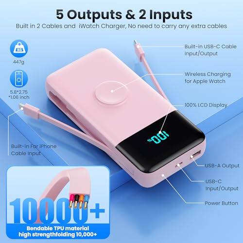 5 Outputs & 2 Inputs  
Built in 2 Cables and iWatch Charger, No need to carry any extra cables  

KG 447g  
Built-in USB-C Cable Input/Output  
Wireless Charging for Apple Watch  
5.82.75 *1.06 inch  
100% LCD Display  
Built-in For iPhone Cable Input  
USB-A Output  
10000+ Bendable TPU material high strength folding 10,000+  
USB-C Input/Output Power Button