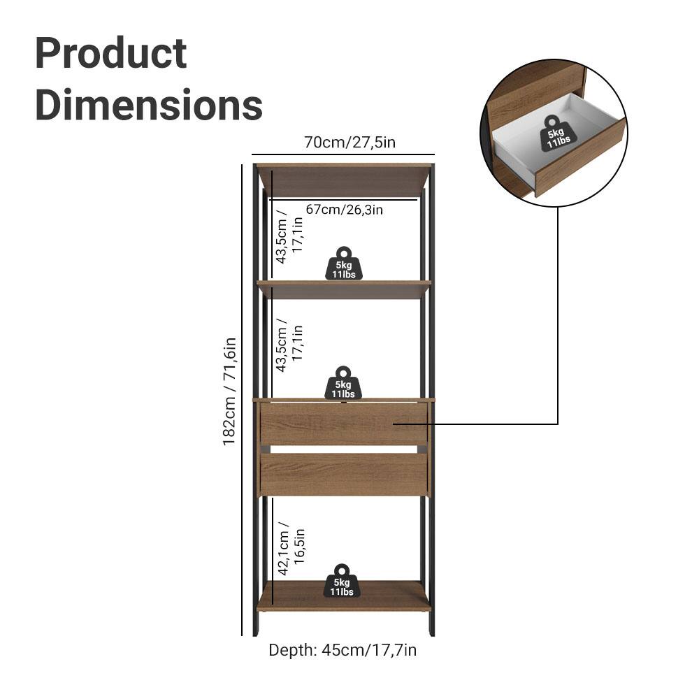 Product Dimensions

- Height: 182cm / 71.6in
- Width: 70cm / 27.5in
- Depth: 45cm / 17.7in

Shelf Dimensions:
- Top Shelf: 67cm / 26.3in (Width) x 43.5cm / 17.1in (Depth)
- Middle Shelf: 67cm / 26.3in (Width) x 43.5cm / 17.1in (Depth)
- Bottom Shelf: 42.1cm / 16.5in (Width) x 43.5cm / 17.1in (Depth)

Weight Capacity:
- Each Shelf: 5kg / 11lbs