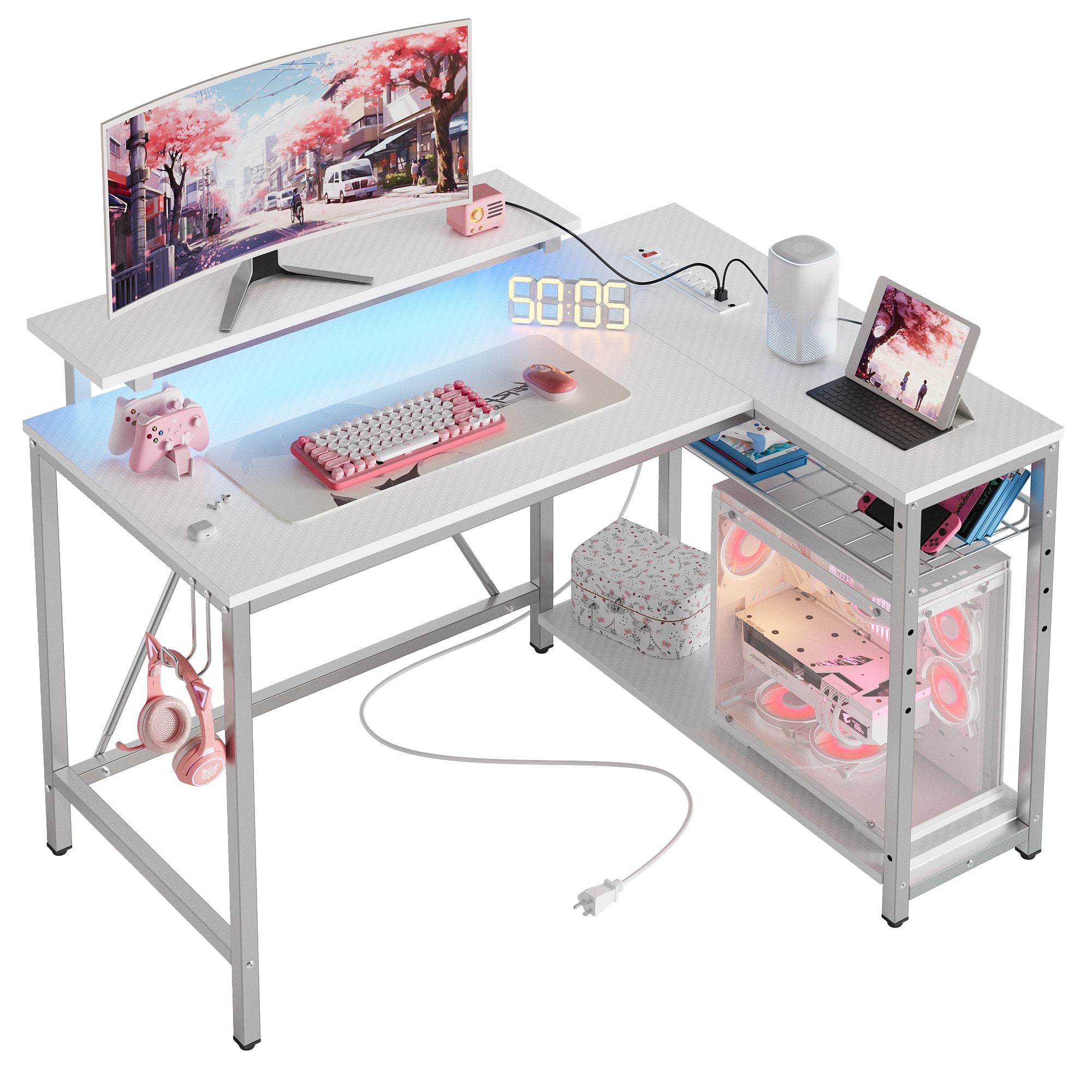 Front. Bestier - L-Shaped Gaming Desk with Power Outlets LED Lights and Reversible Storage Shelves & Hooks - 42" Wide - White.