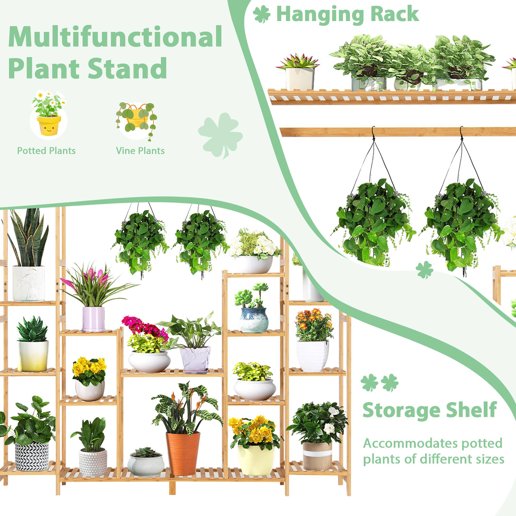 Multifunctional Plant Stand: Hanging Rack, Potted Plants, Vine Plants, Storage Shelf. Accommodates potted plants of different sizes.