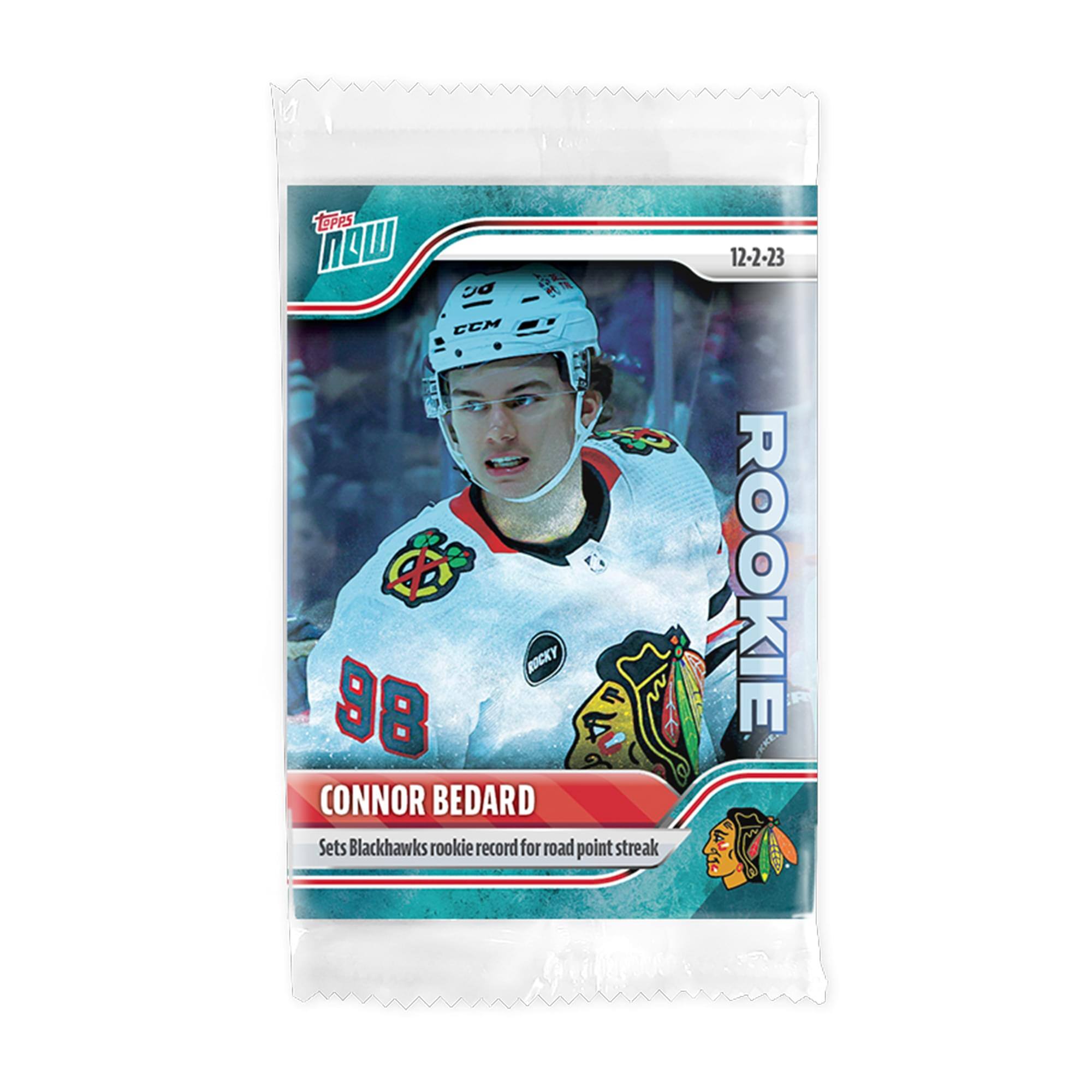 Connor Bedard  
Sets Blackhawks rookie record for road point streak  
12-2-23  
ROOKIE  
CCM  
98