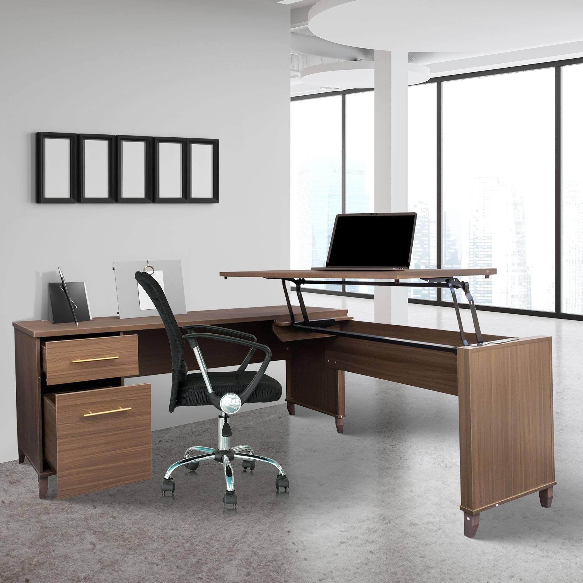 Alt View 2. JOMEED - JOMEED Adjustable 3 Position Sit to Stand L Shaped Office Desk with File Cabinet - Brown.