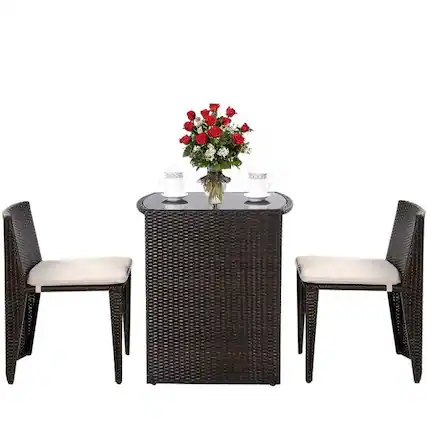 Front. SlickBlue - 3-Piece Outdoor Wicker Patio Set with Cushioned Chairs and Table – Compact Design for Garden or Deck - Espresso, White.