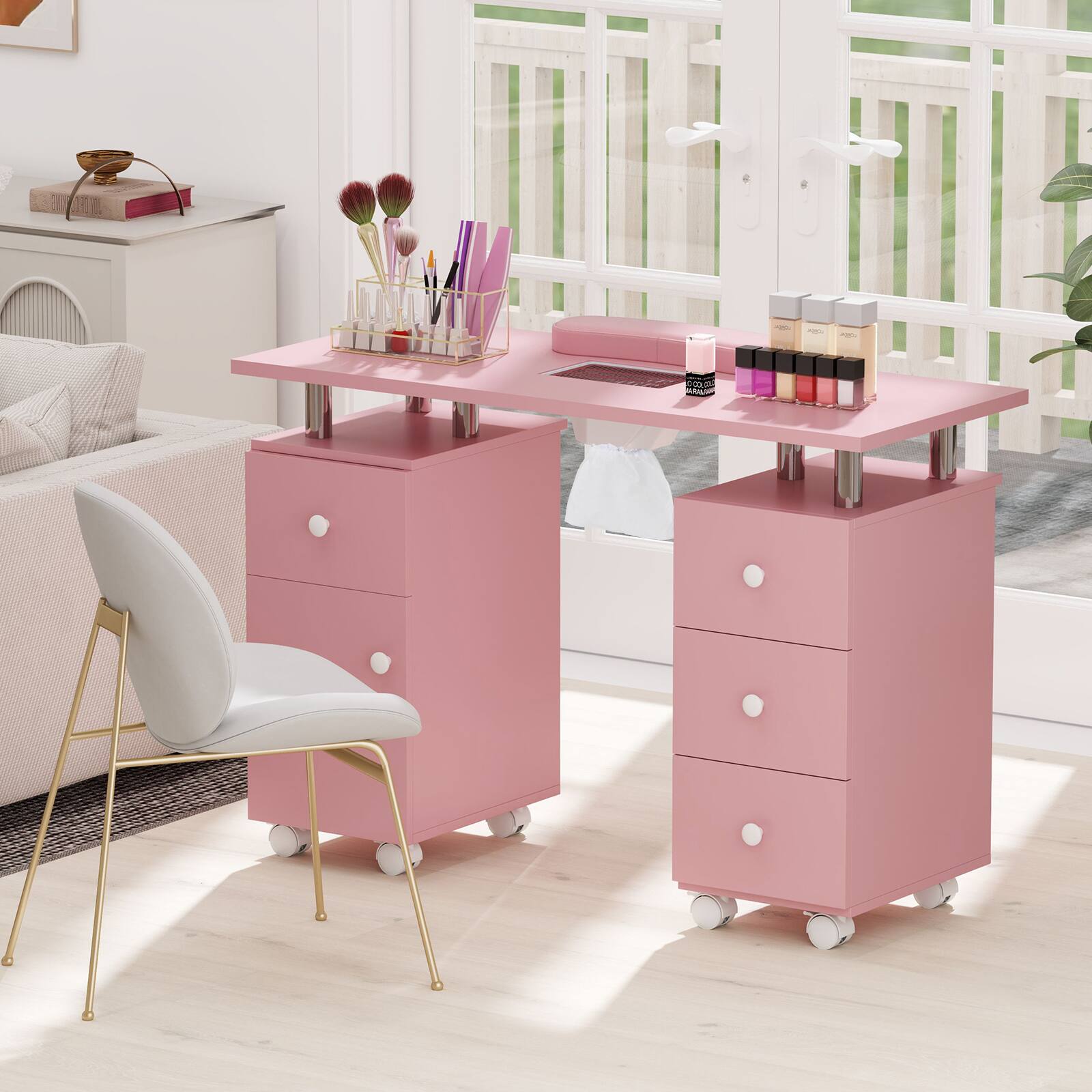Angle. SKONYON - Manicure Table with Storage Drawers Wrist Rest Cushion and Durable Work Surface - Pink.