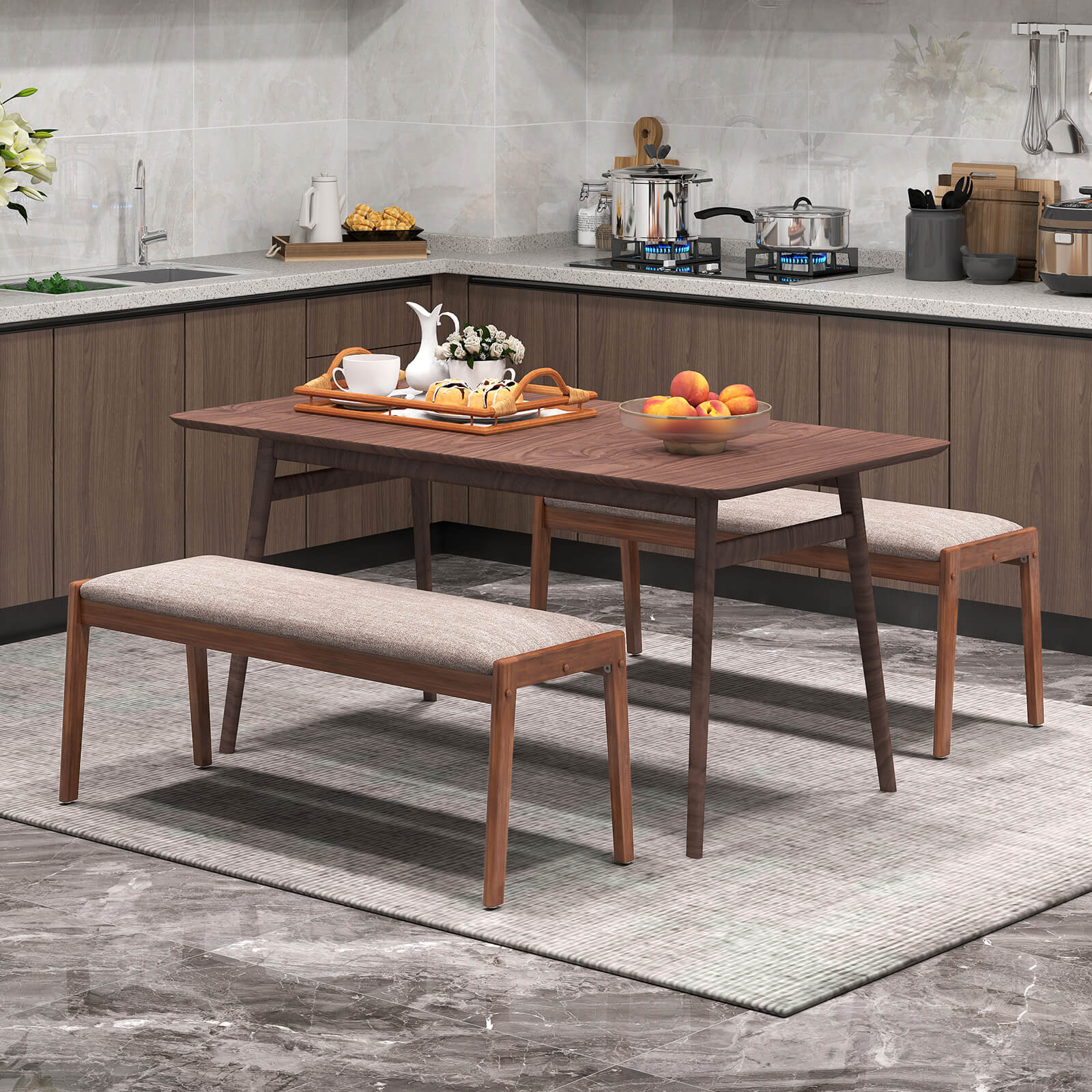 Alt View 4. Costway - Costway 1 PCS 45" Farmhouse Backless Bench with Rubber Wood Legs & Fabric Padded Seat - Walnut+Beige.