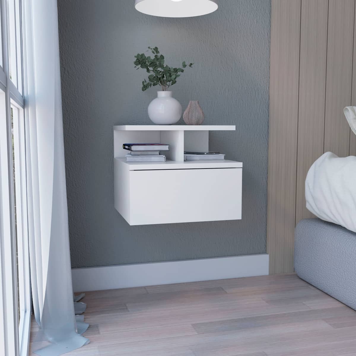 Loheer - Floating Nightstand, Wall Mounted Nightstand with Single Drawer and Two Tier Shelf - White
