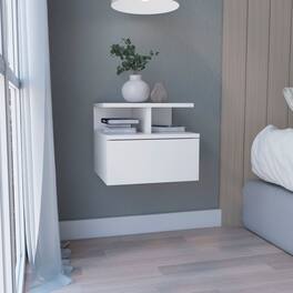 Loheer - Floating Nightstand, Wall Mounted Nightstand with Single Drawer and Two Tier Shelf - White