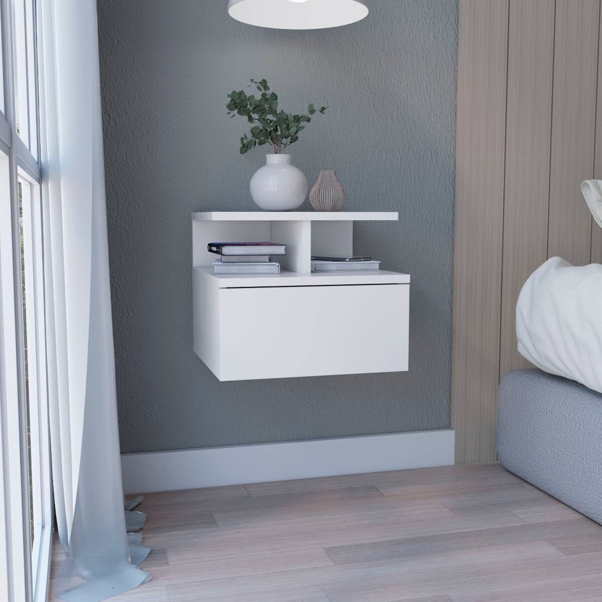 Front. Loheer - Loheer Floating Nightstand, White Wall Mounted Nightstand with Single Drawer and Two Tier Shelf - White.