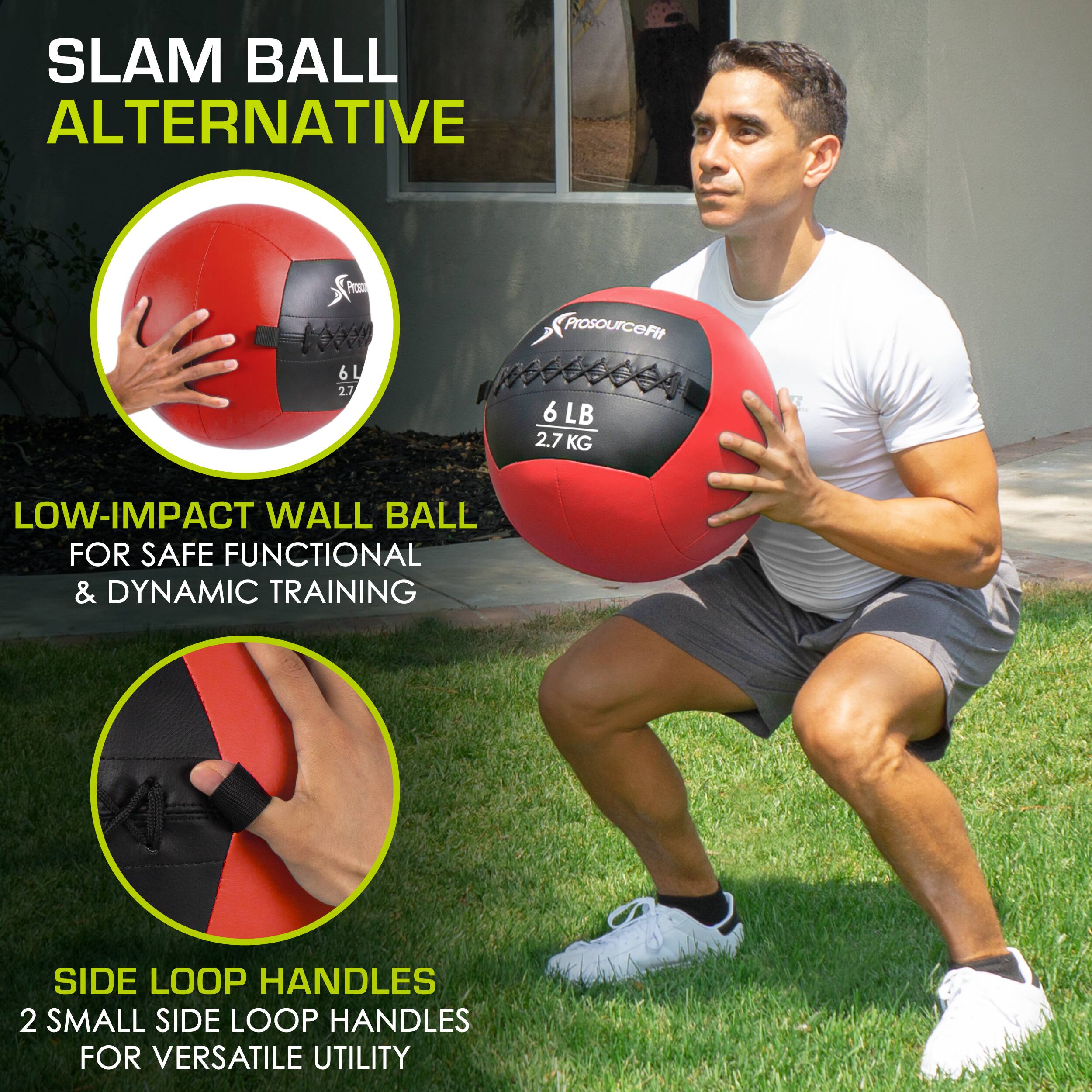 SLAM BALL ALTERNATIVE, LOW-IMPACT WALL BALL FOR SAFE FUNCTIONAL & DYNAMIC TRAINING, SIDE LOOP HANDLES 2 SMALL SIDE LOOP HANDLES FOR VERSATILE UTILITY, 6 LB 2.7 KG, ProsourceFit