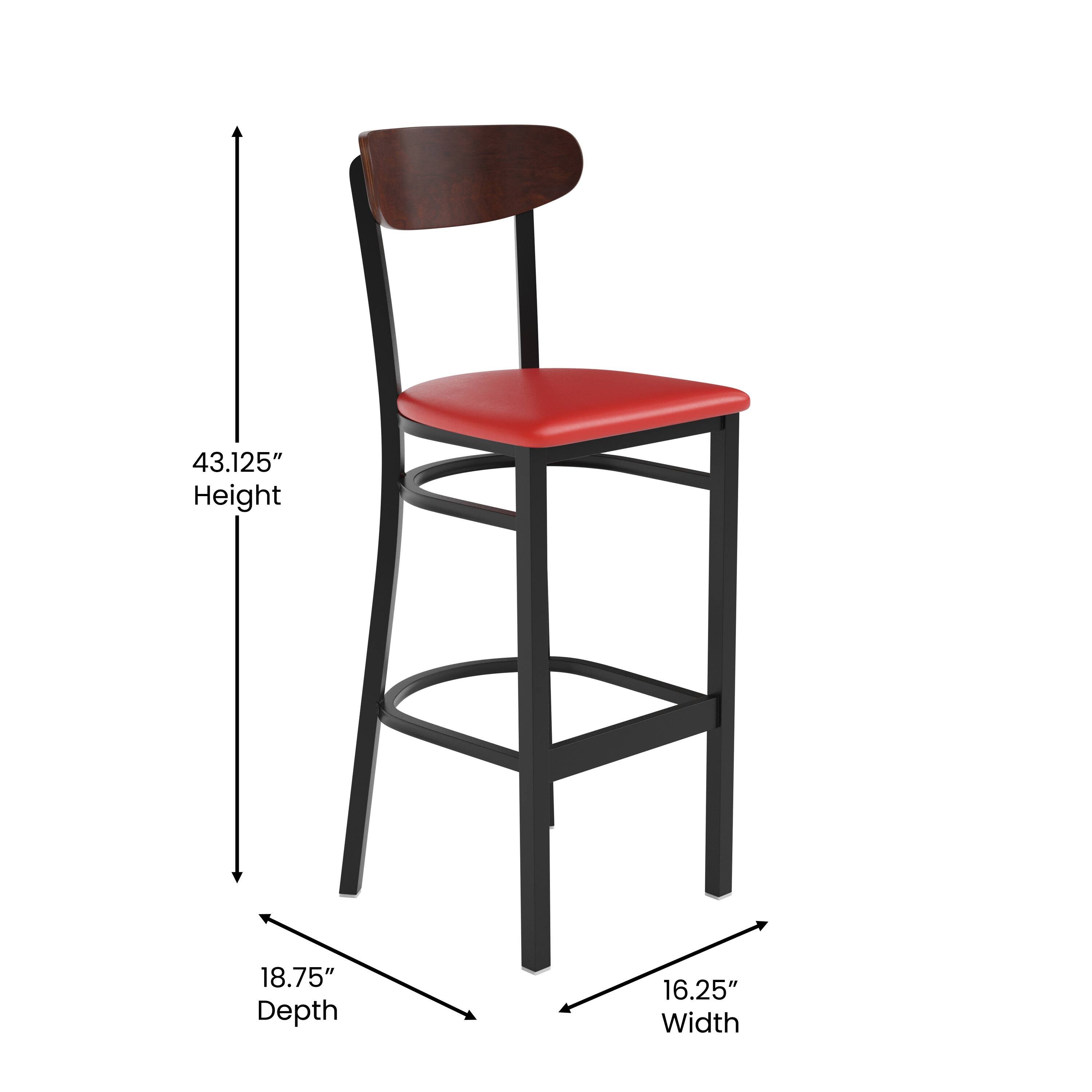 Alt View 13. Alamont Home - Wright Commercial Metal Barstool with Vinyl Seat and Wood Boomerang Back-Red/Walnut - Walnut Wood Back/Red Vinyl Seat.