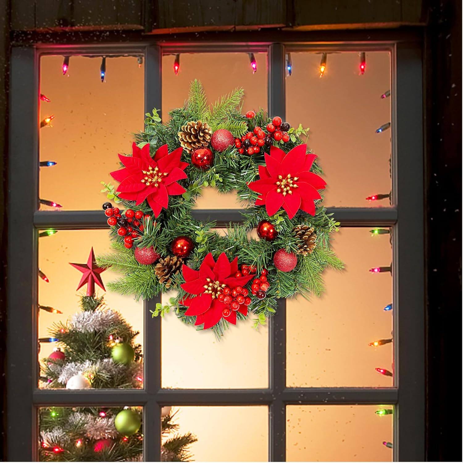 Alt View 5. Jojoka - 16-in Red Green Christmas Wreath for Indoor Outdoor Holiday Decorations - Green.