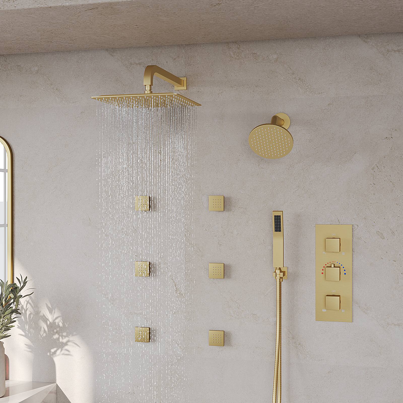 Alt View 6. GRANDJOY - 12" Rain Shower System with 6" Wall Shower, Handheld Sprayer, 6 Body Jets and Thermostatic Brass Valve Faucet Set - Brushed Gold.