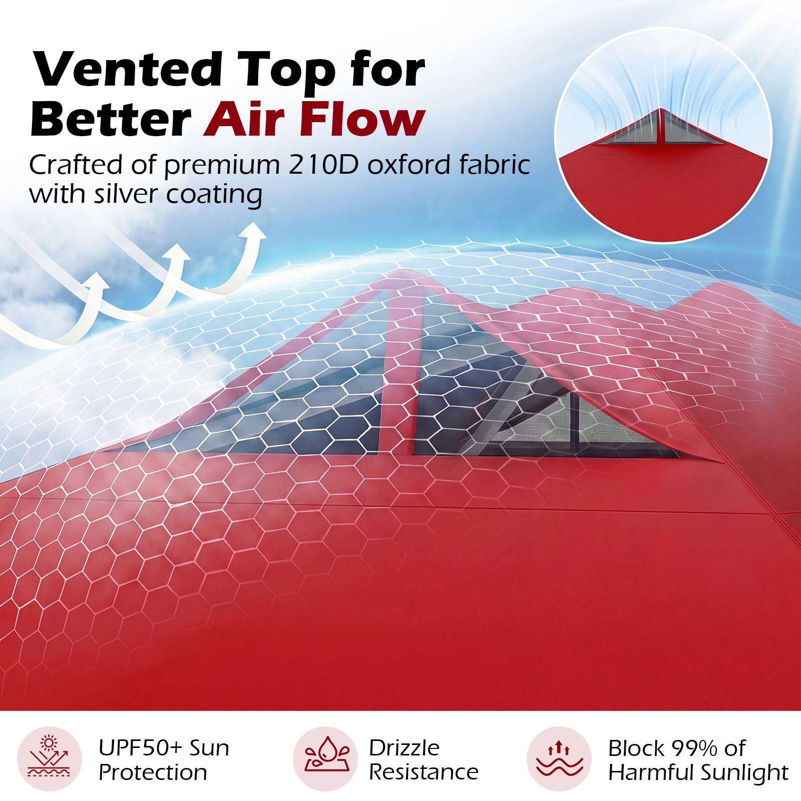 Vented Top for Better Air Flow  
Crafted of premium 210D oxford fabric with silver coating  

UPF50+ Sun Protection  
Drizzle Resistance  
Block 99% of Harmful Sunlight
