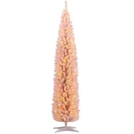 BreeBe - 8 ft Tall Pre-Lit Slim Noble Fir Artificial Christmas Tree with 300 Warm White LED Lights and 618 Tips - Pink
