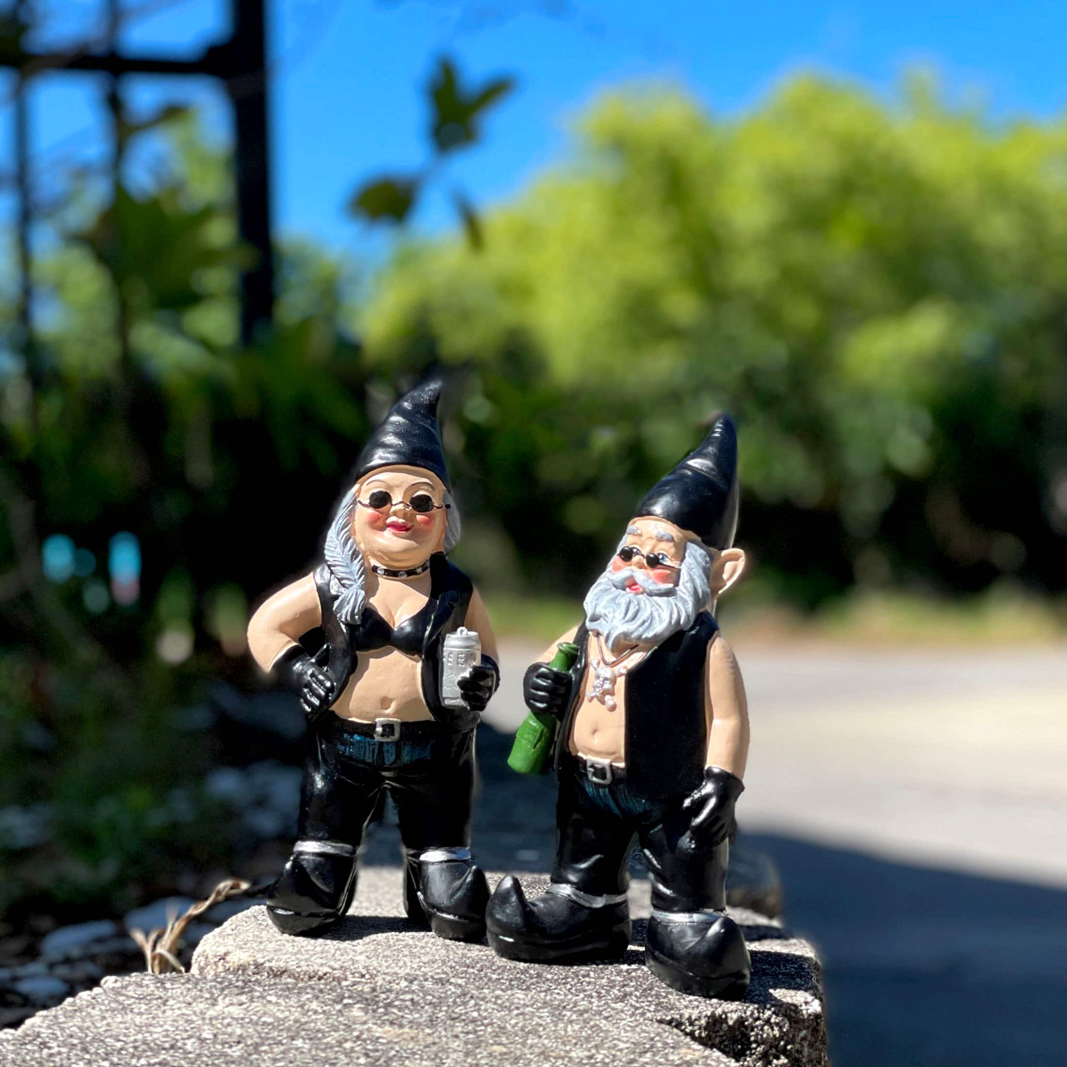 Zeckos Gnoschitt and Gnofun Thirsty Biker Garden Gnome Statues 7.5