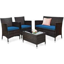 Pefilos - 4 Pieces Padded Outdoor Rattan Sofa Set, Wicker Furniture Sets, Patio Conversation Sets with Glass Coffee Table - Blue