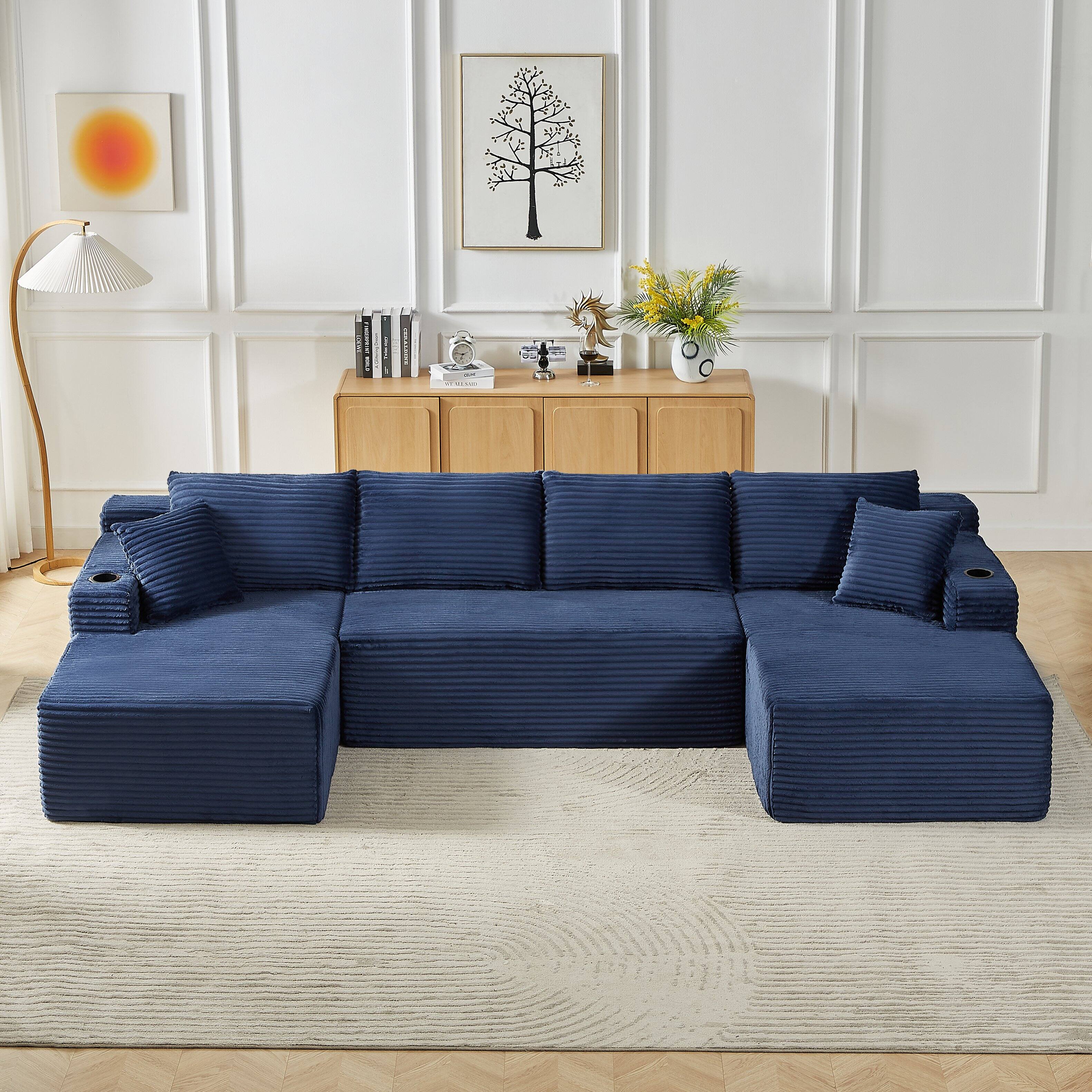 Back. Aukfa - U-Shaped Sectional Sofa Set - Minimalist Modular Design, Corduroy Cloud Couch for Living Room - Blue.