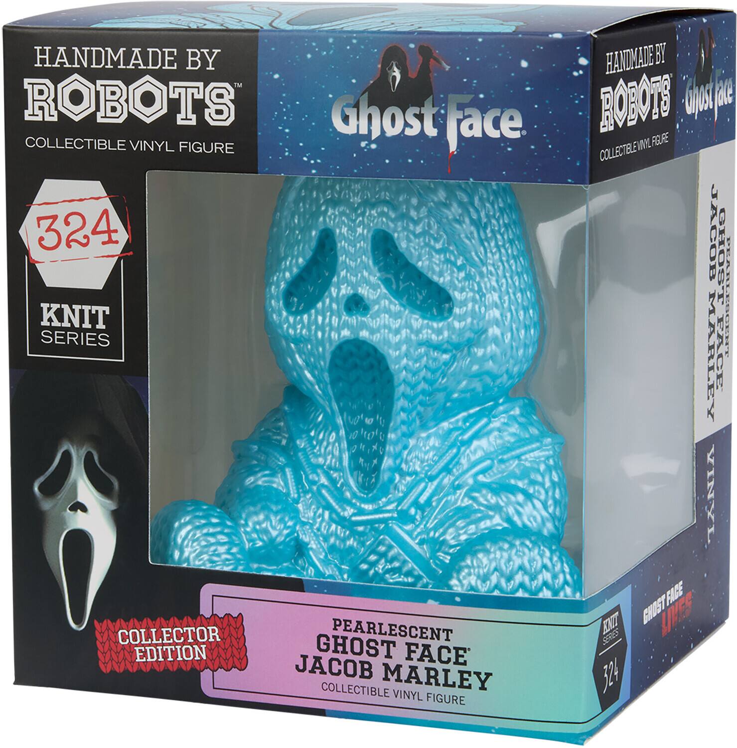 HANDMADE BY ROBOTS Ghost face COLLECTIBLE VINYL FIGURE 324 KNIT SERIES COLLECTOR PEARLESCENT EDITION GHOST FACE JACOB MARLEY COLLECTIBLE VINYL FIGURE